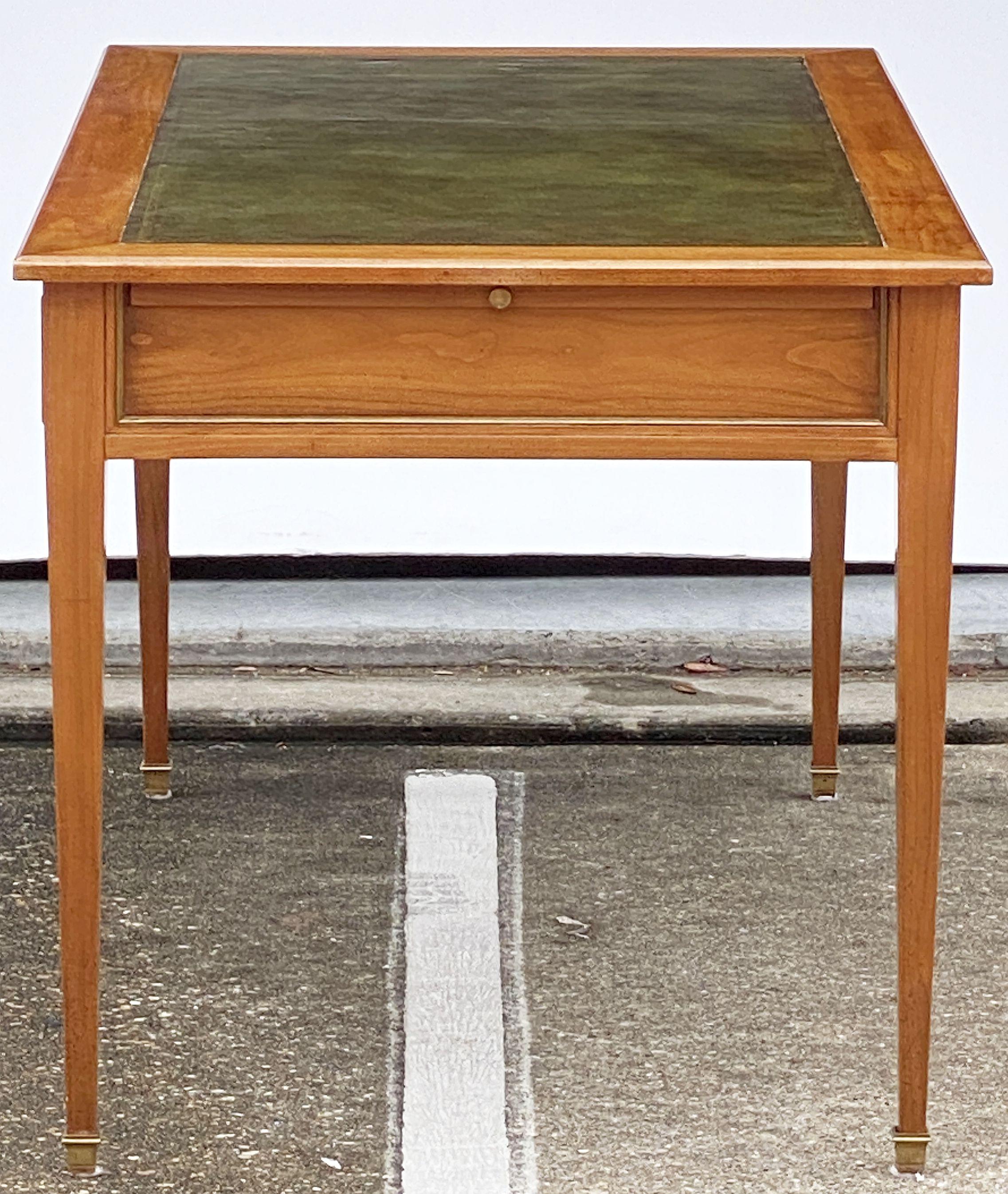 French Writing Table or Desk of Cherry With Embossed Green Leather Top 2