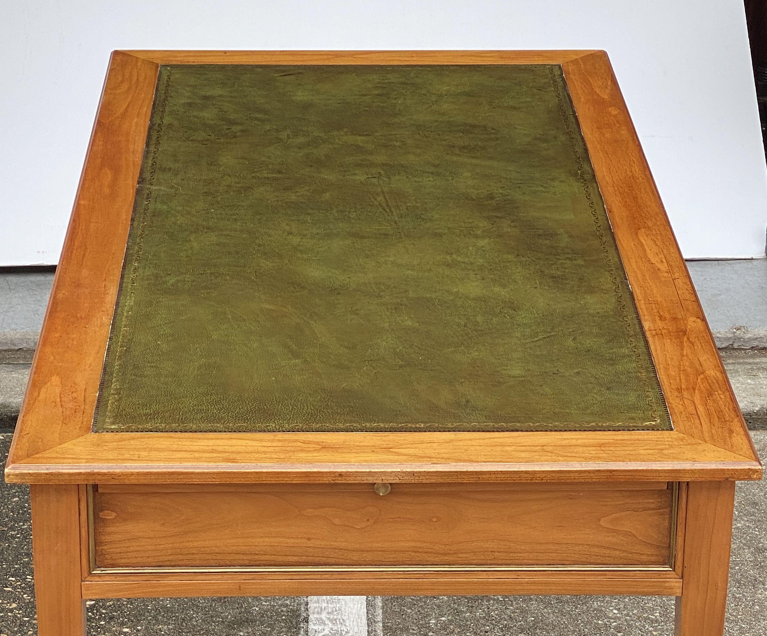 French Writing Table or Desk of Cherry With Embossed Green Leather Top 3