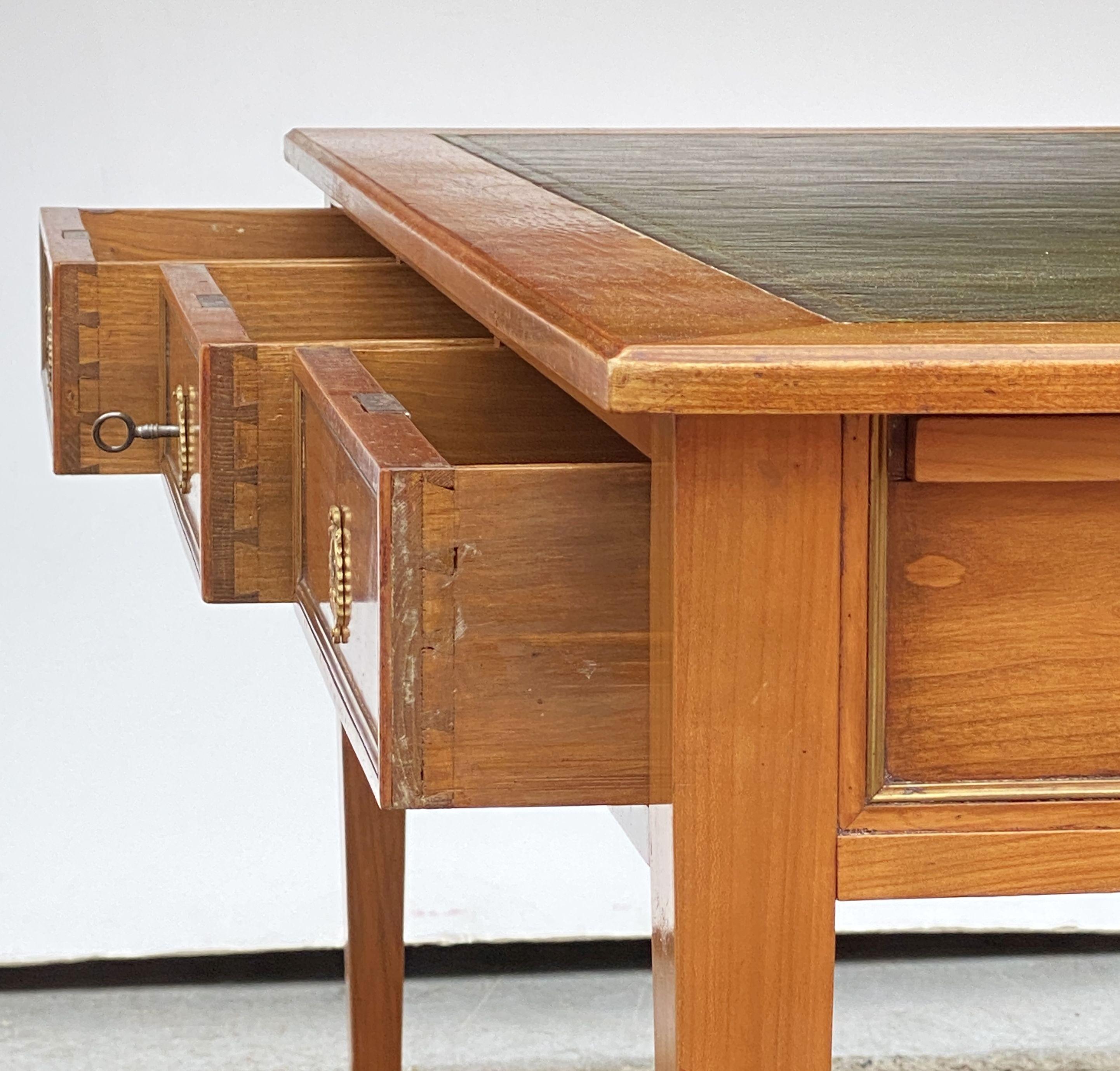 French Writing Table or Desk of Cherry With Embossed Green Leather Top 4
