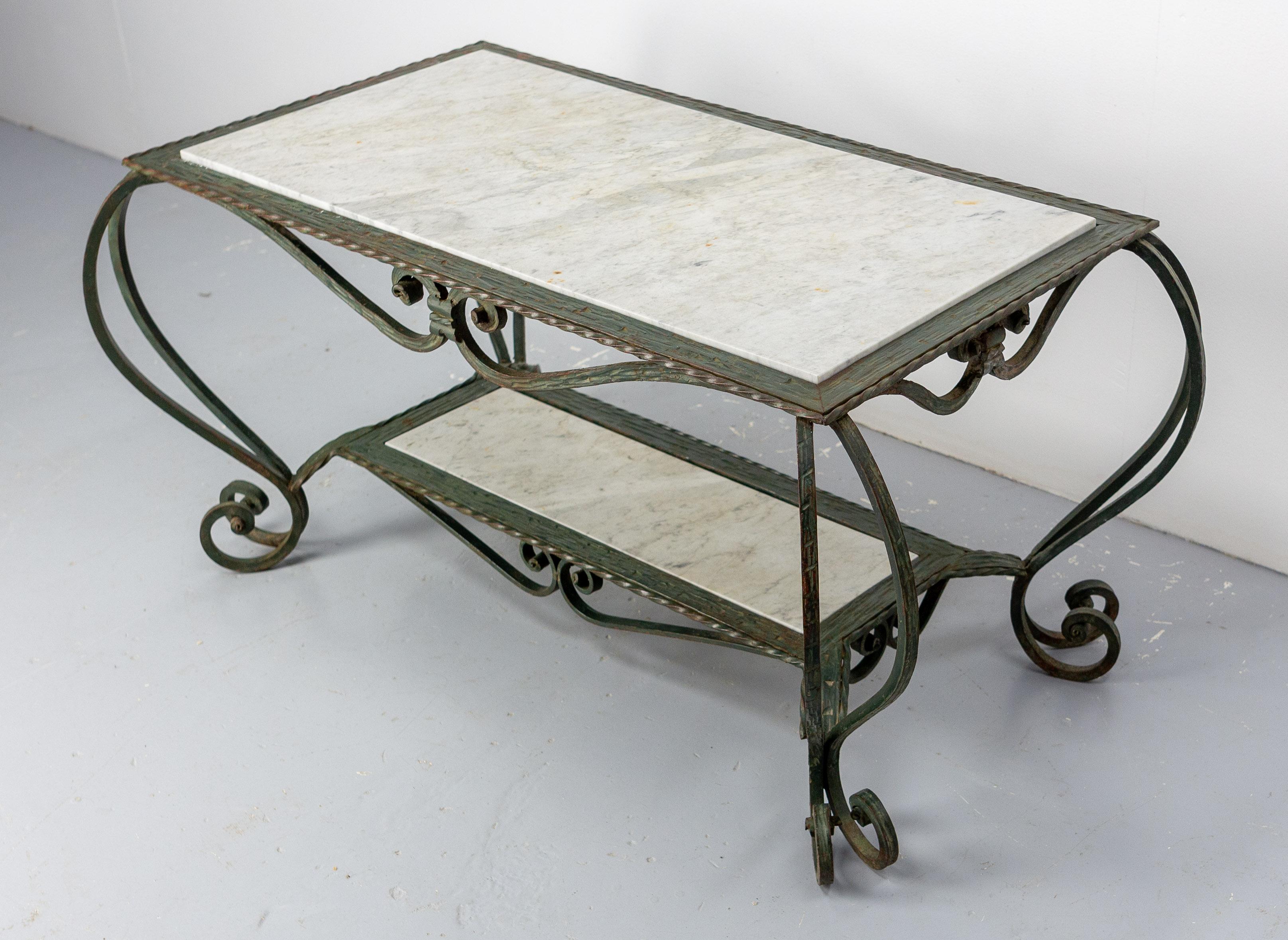 Mid-Century Modern French Wrough Iron & Marble Top Coffee Table, circa 1960 For Sale