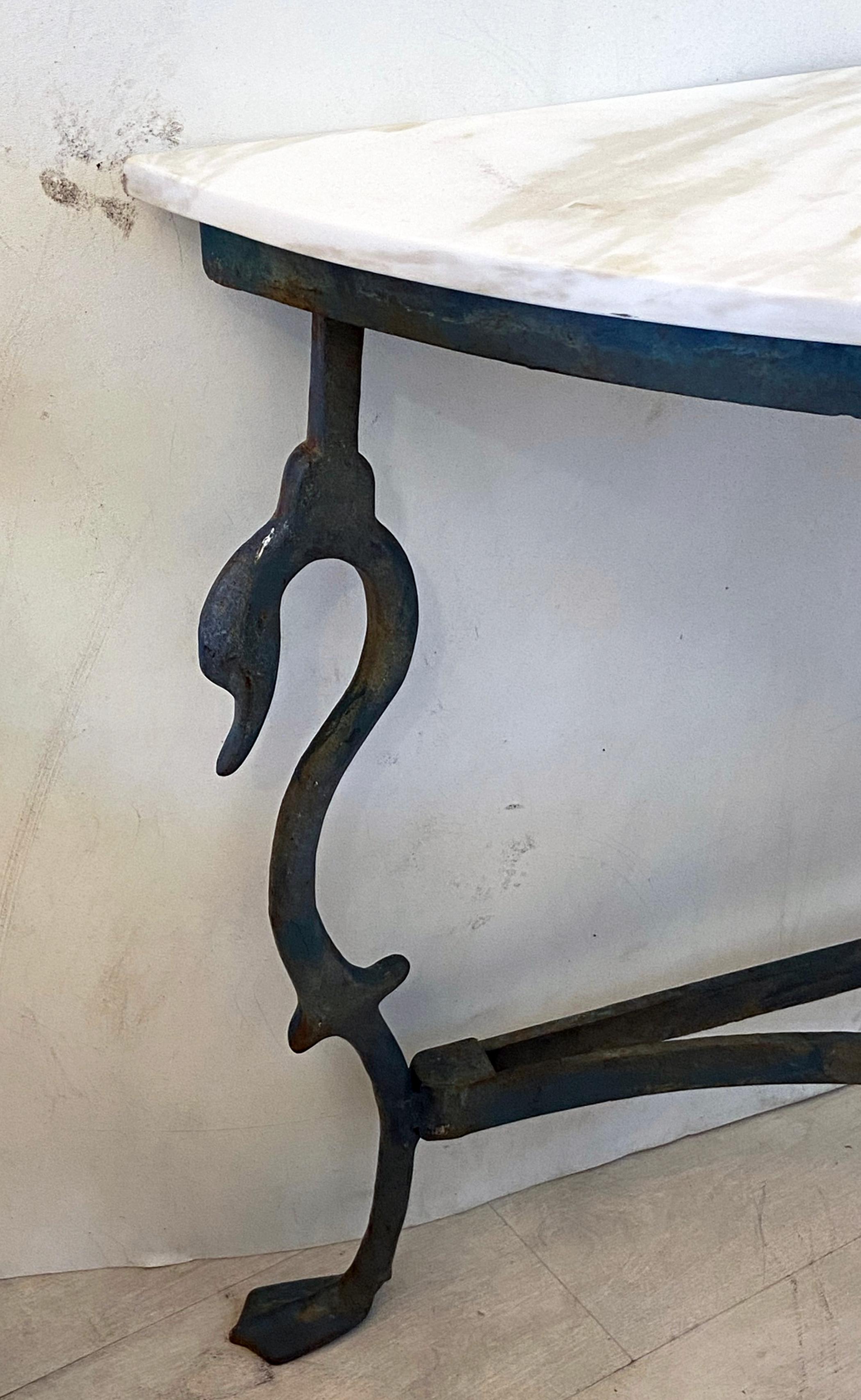 Hollywood Regency French Wrought and Cast Iron and Marble Swan Console Table