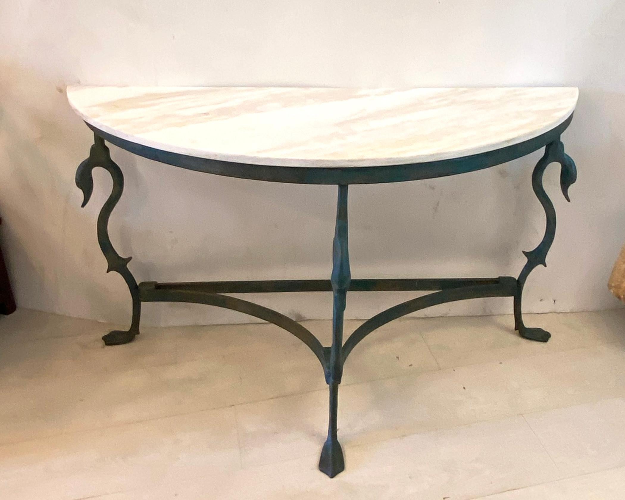 Wrought Iron French Wrought and Cast Iron and Marble Swan Console Table