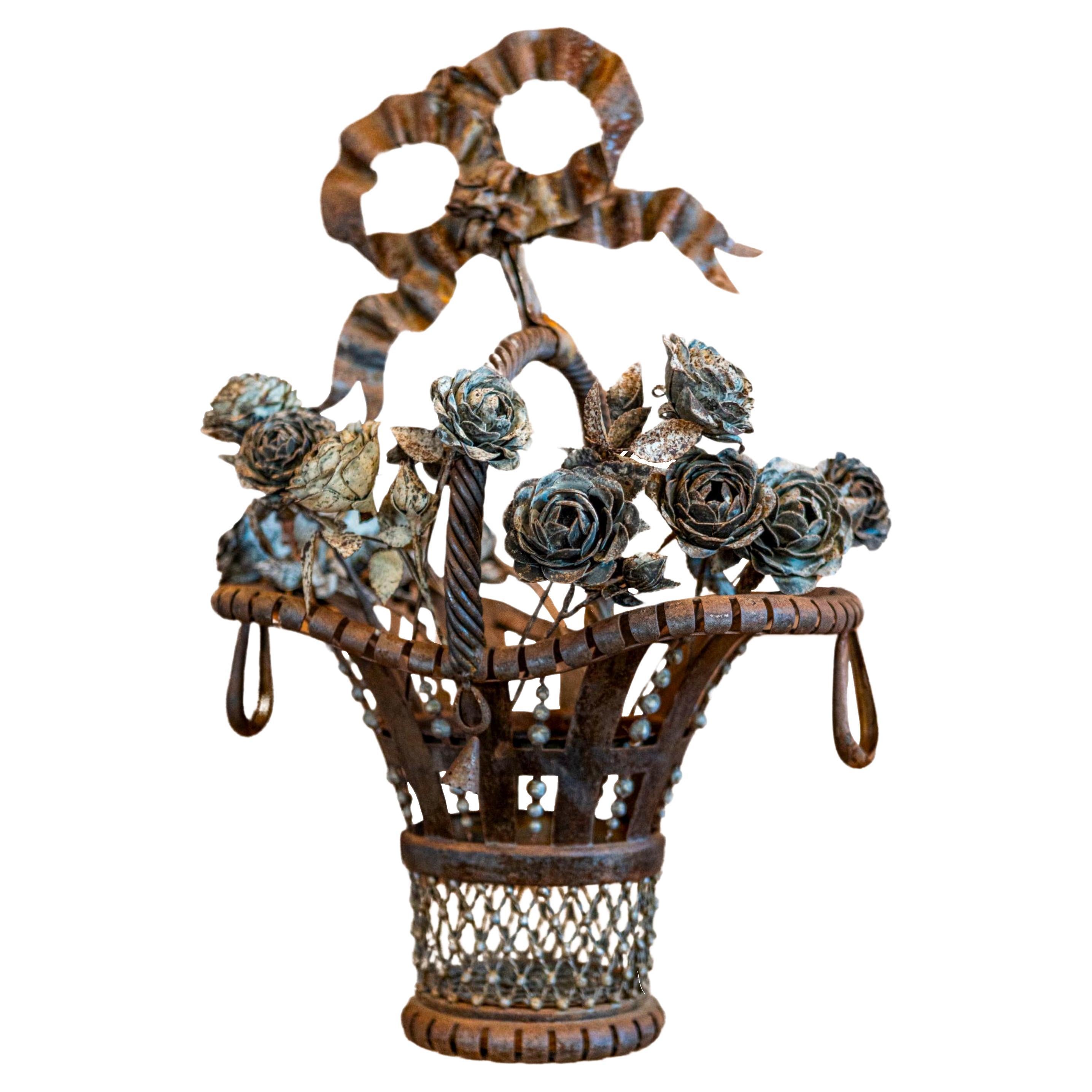 French Wrought Iron 19th Century Rose Basket Ornament with Gray Painted Accents For Sale