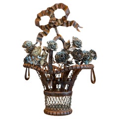 French Wrought Iron 19th Century Rose Basket Ornament with Gray Painted Accents