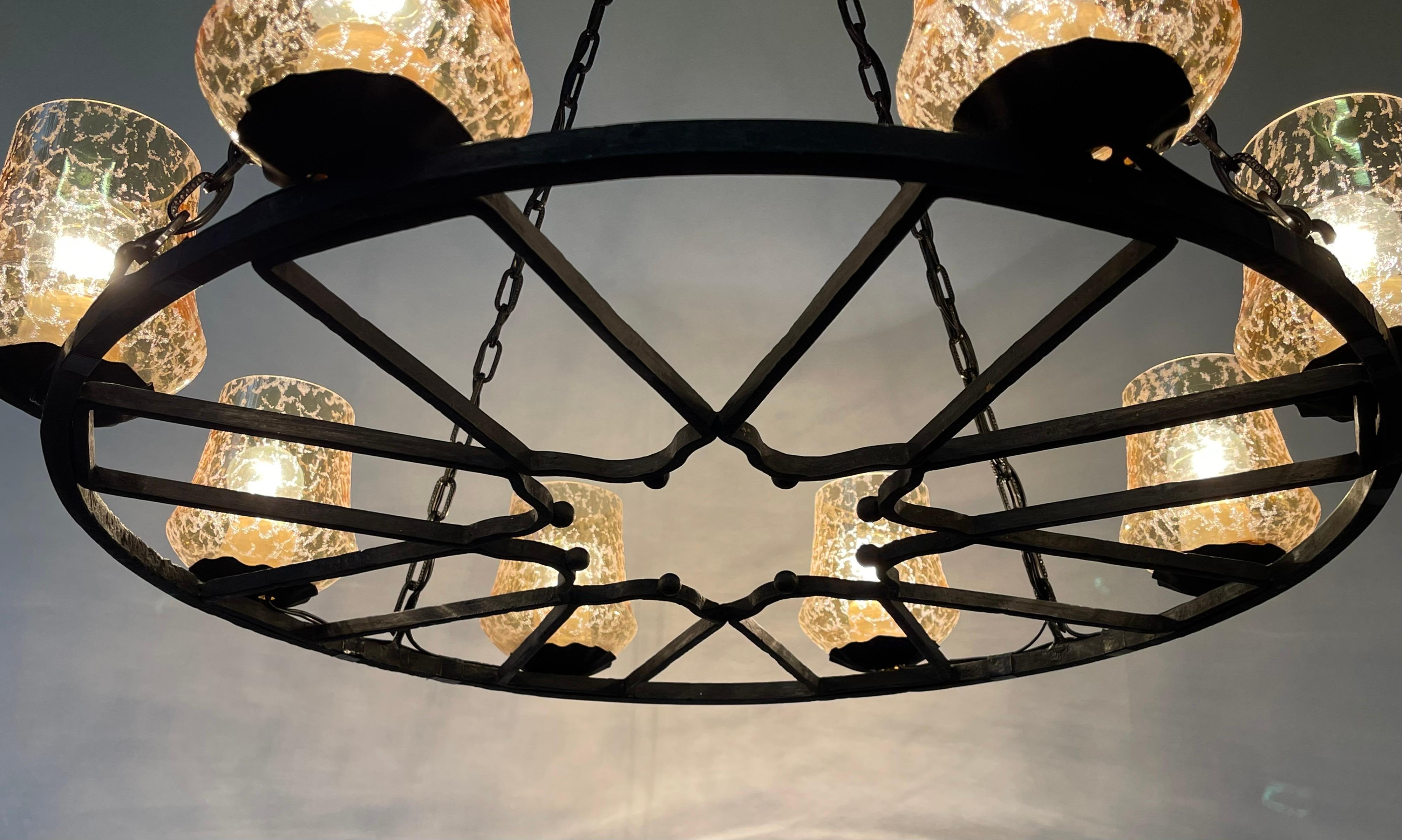 Mid-Century Modern French Wrought Iron and Amber Glass Chandelier, circa 1950s