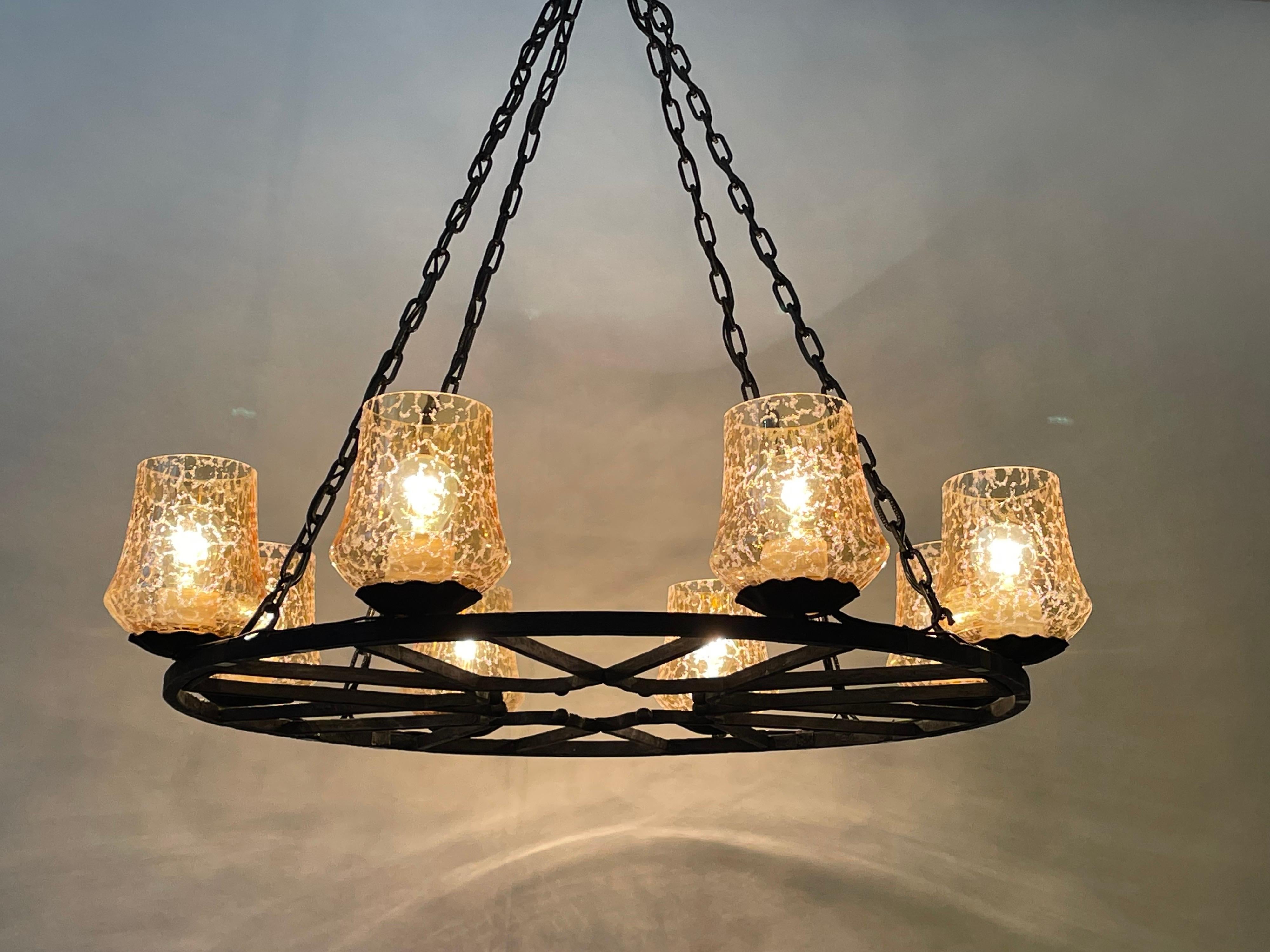 French Wrought Iron and Amber Glass Chandelier, circa 1950s In Good Condition In Wiesbaden, Hessen