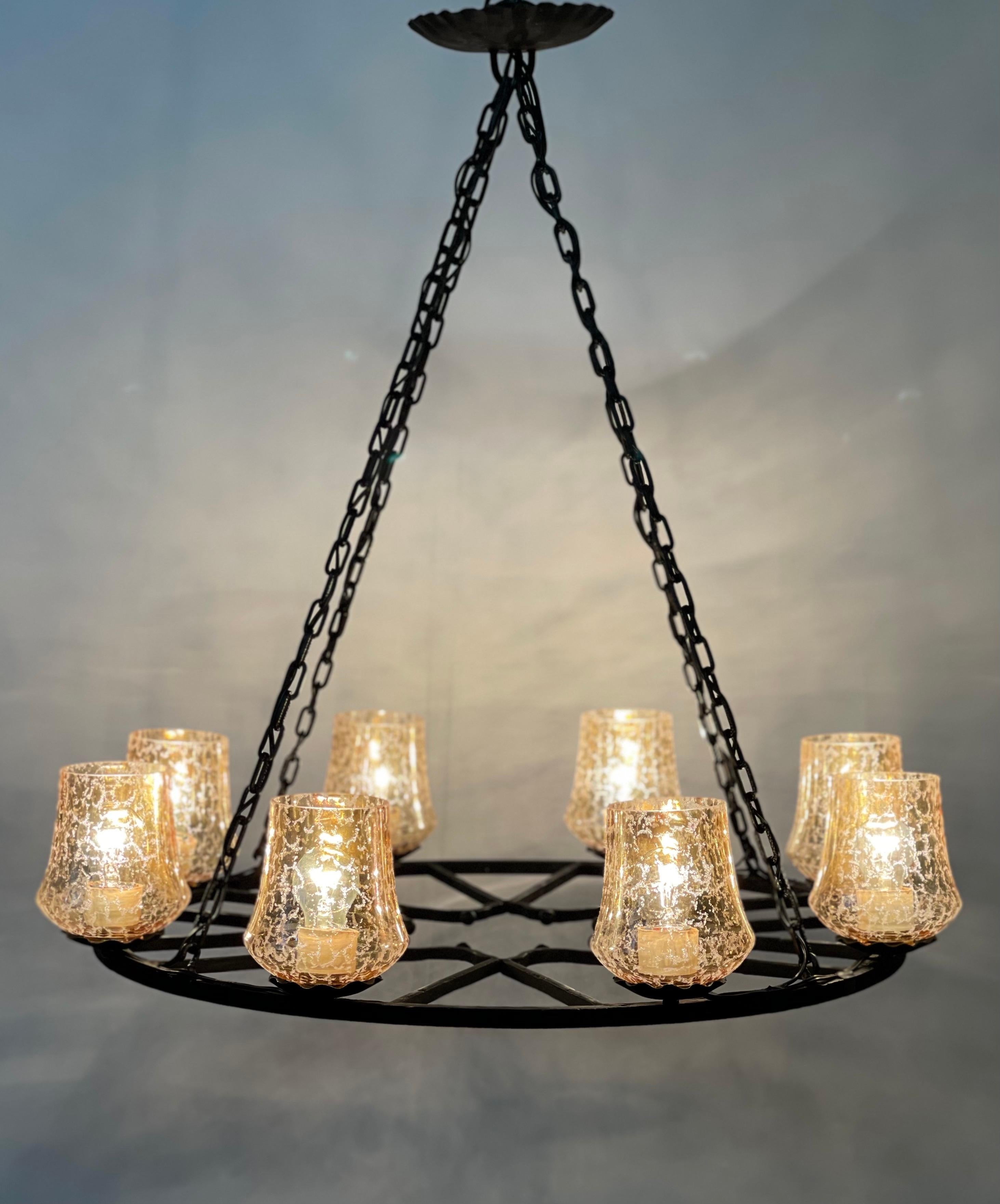 Mid-20th Century French Wrought Iron and Amber Glass Chandelier, circa 1950s