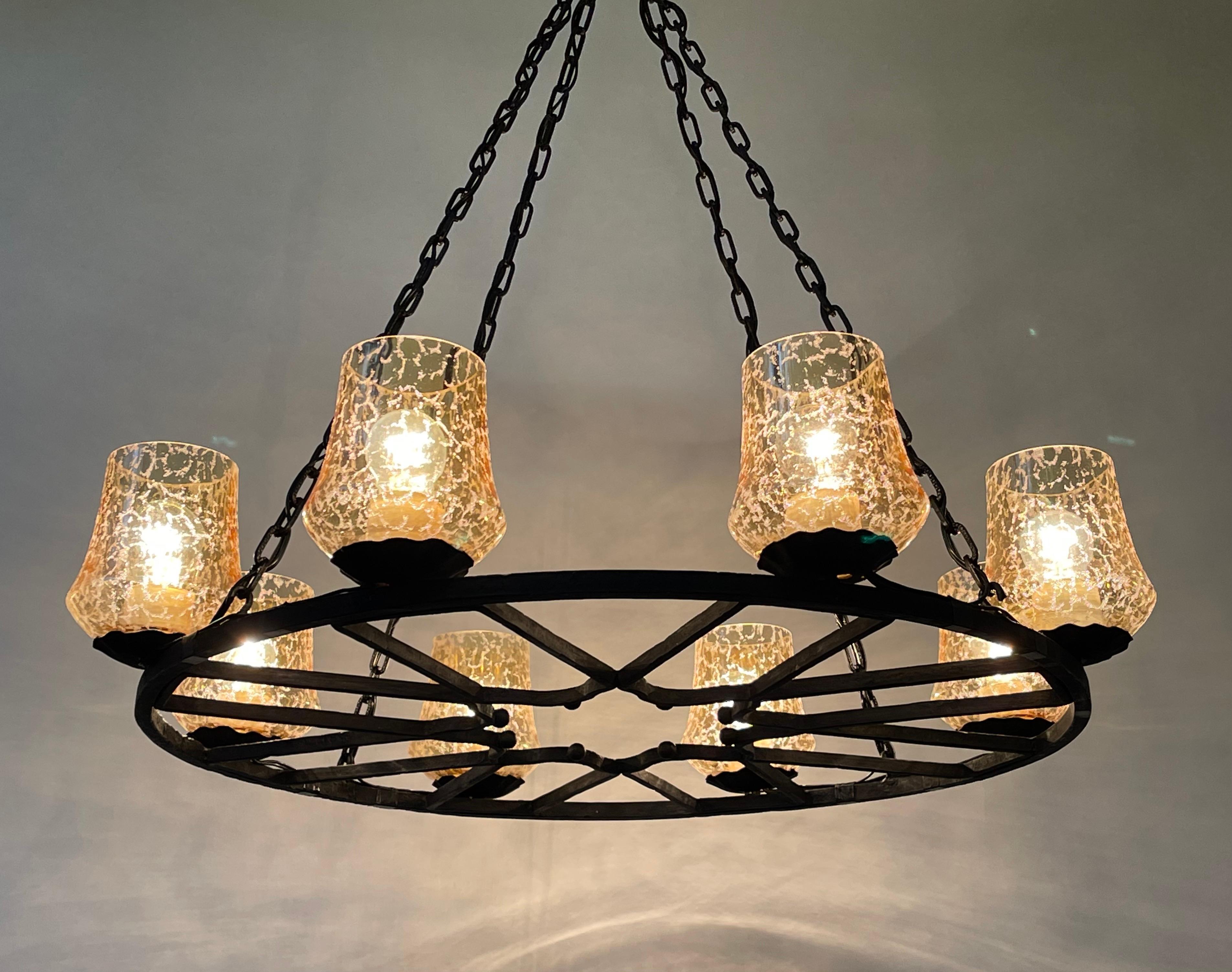 French Wrought Iron and Amber Glass Chandelier, circa 1950s 1
