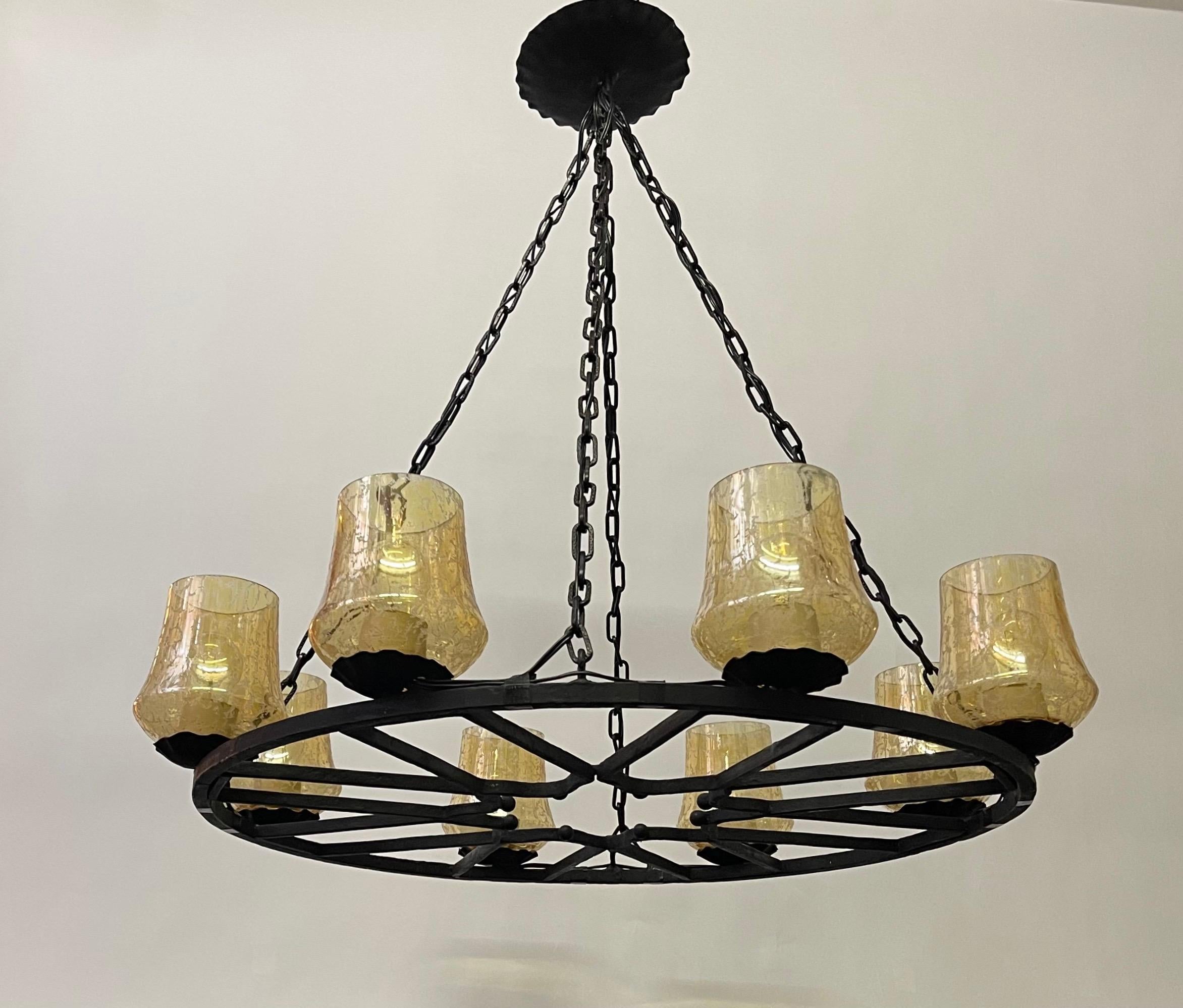 French Wrought Iron and Amber Glass Chandelier, circa 1950s 2