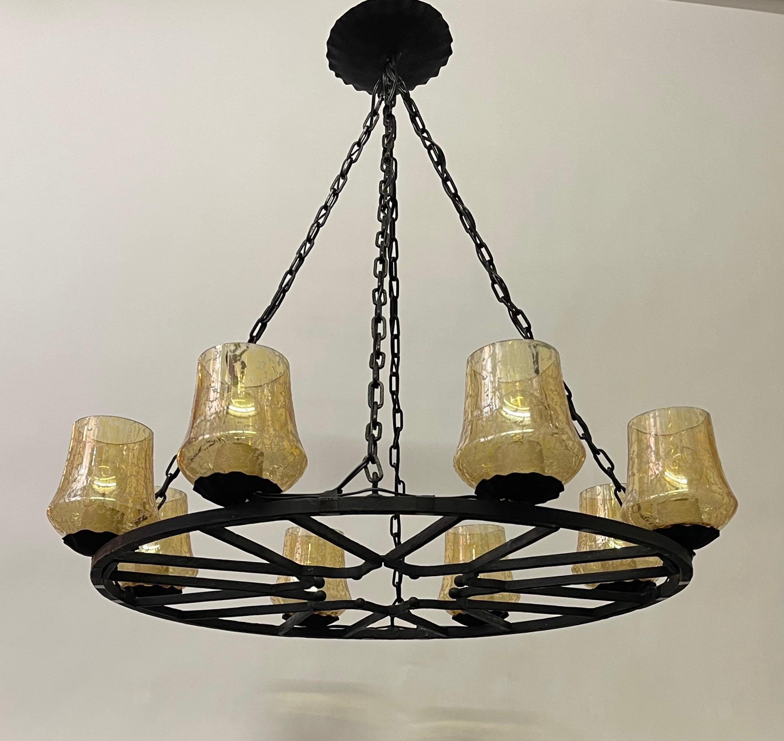 French Wrought Iron and Amber Glass Chandelier, circa 1950s 3