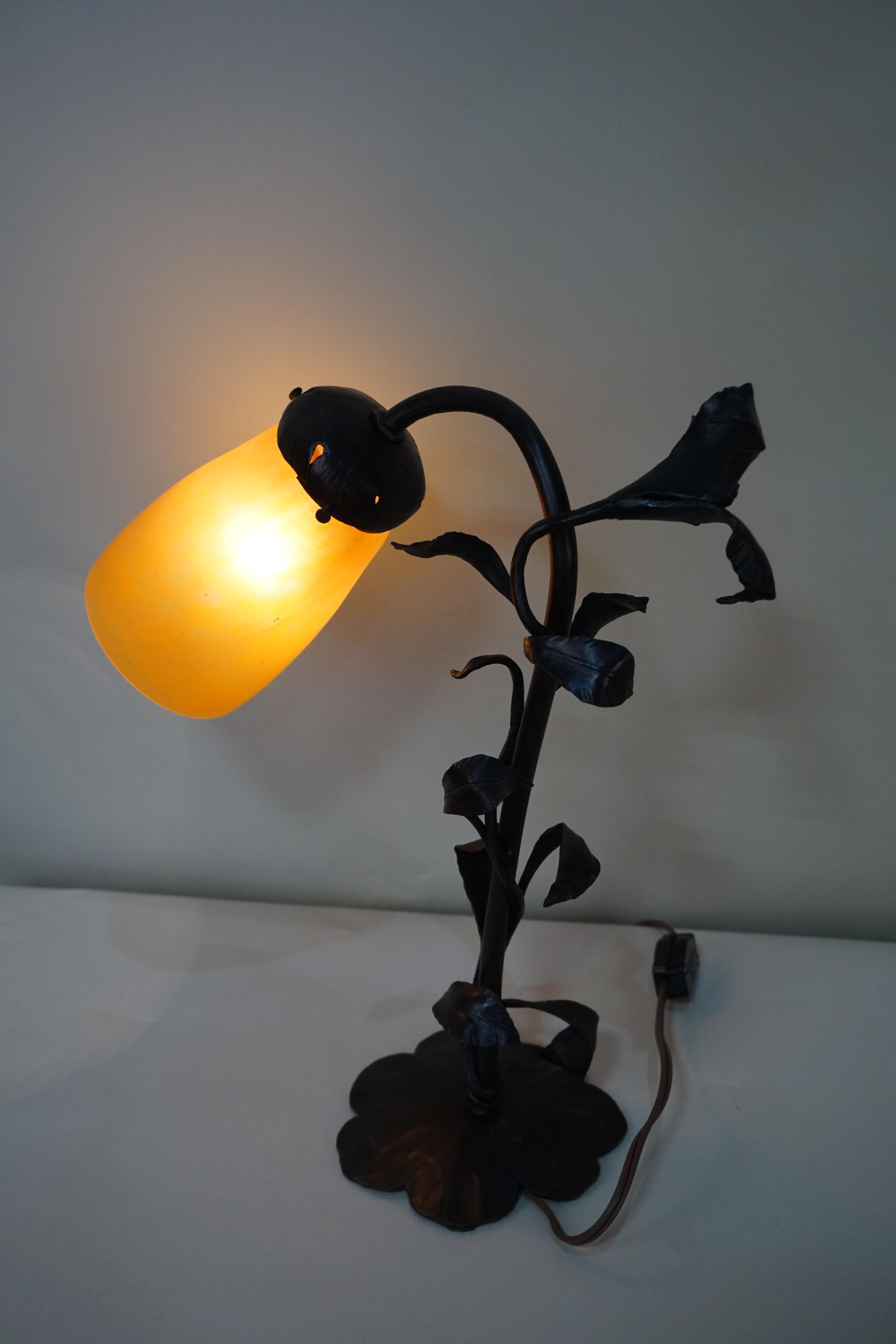 French Wrought Iron and Art Glass Table Lamp 2
