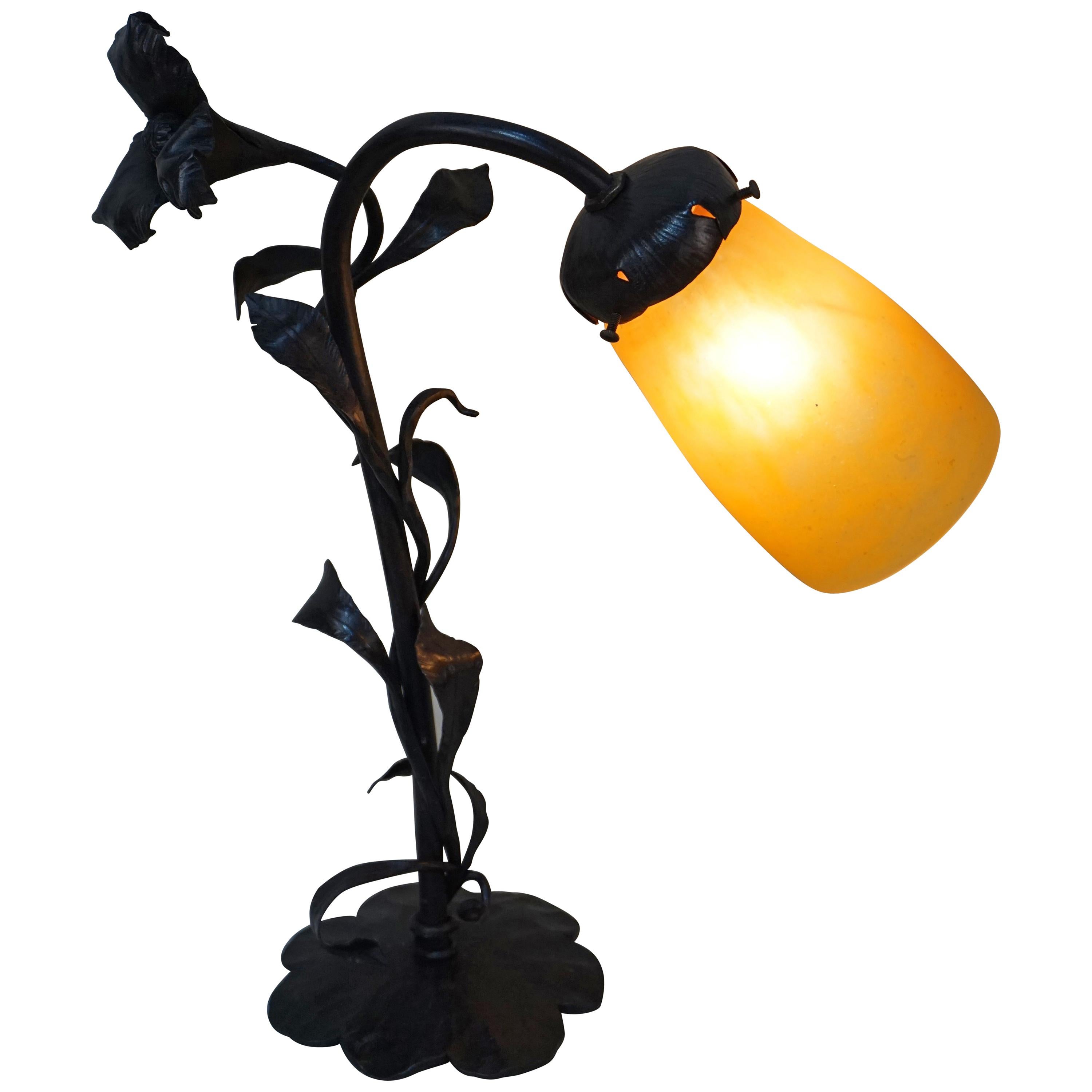 French Wrought Iron and Art Glass Table Lamp