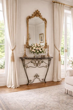 Console francese con piano in ferro battuto e marmo nero, stile Luigi XV, metà del secolo scorso