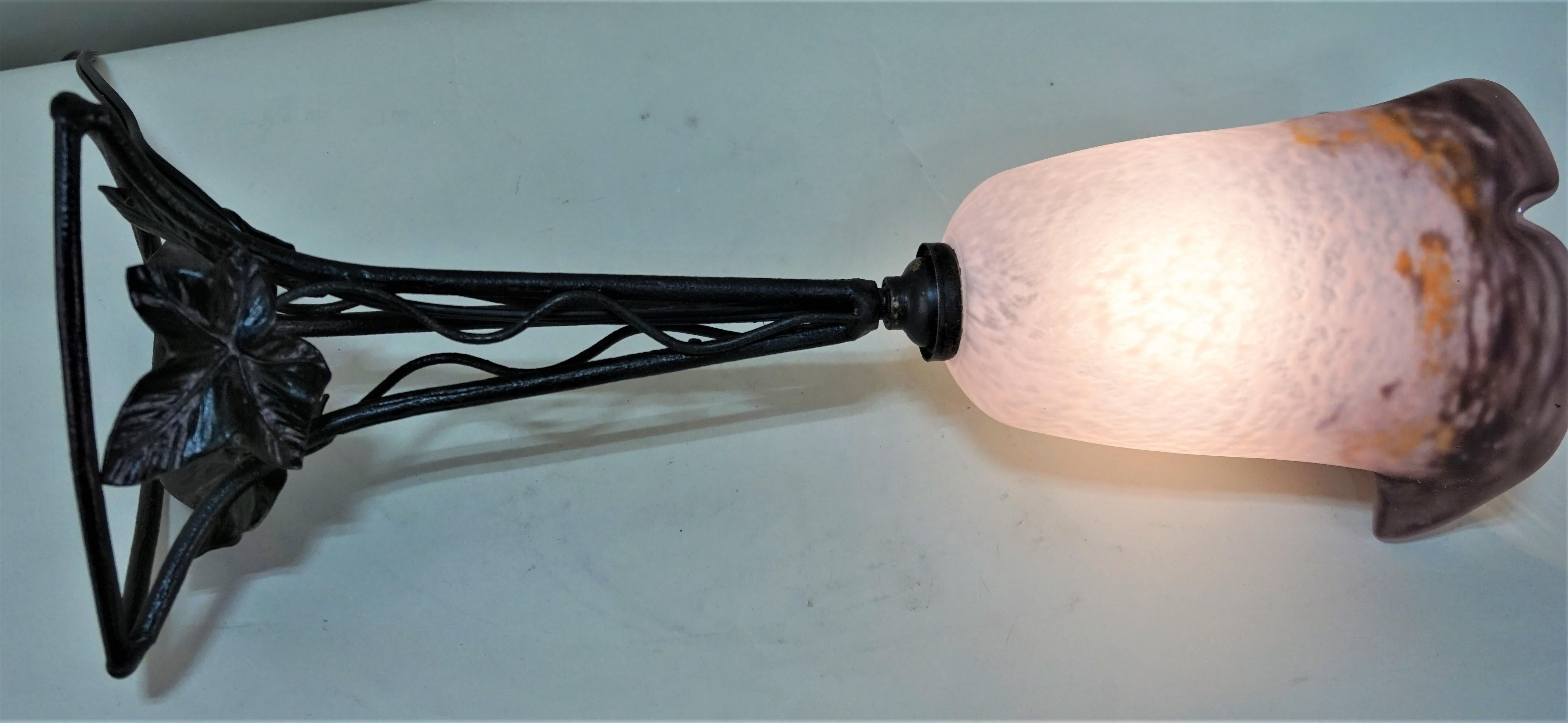 French Wrought Iron and Blown Glass Table Lamp by Degue In Good Condition In Fairfax, VA