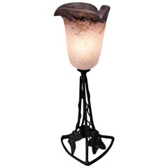 French Wrought Iron and Blown Glass Table Lamp by Degue