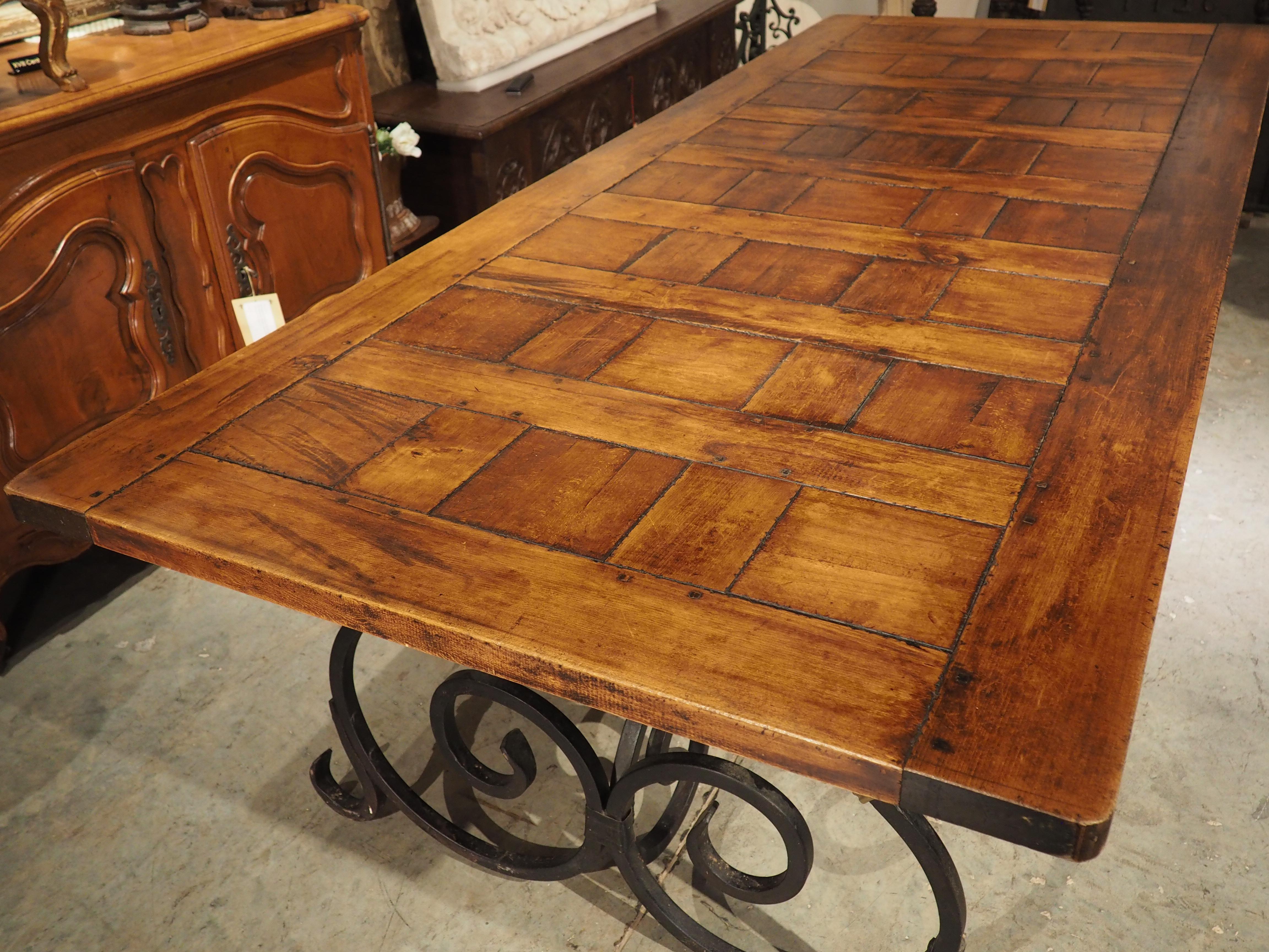 French Wrought Iron and Bronze Dining Table with Pegged Parquet Top, Circa 1940s 5