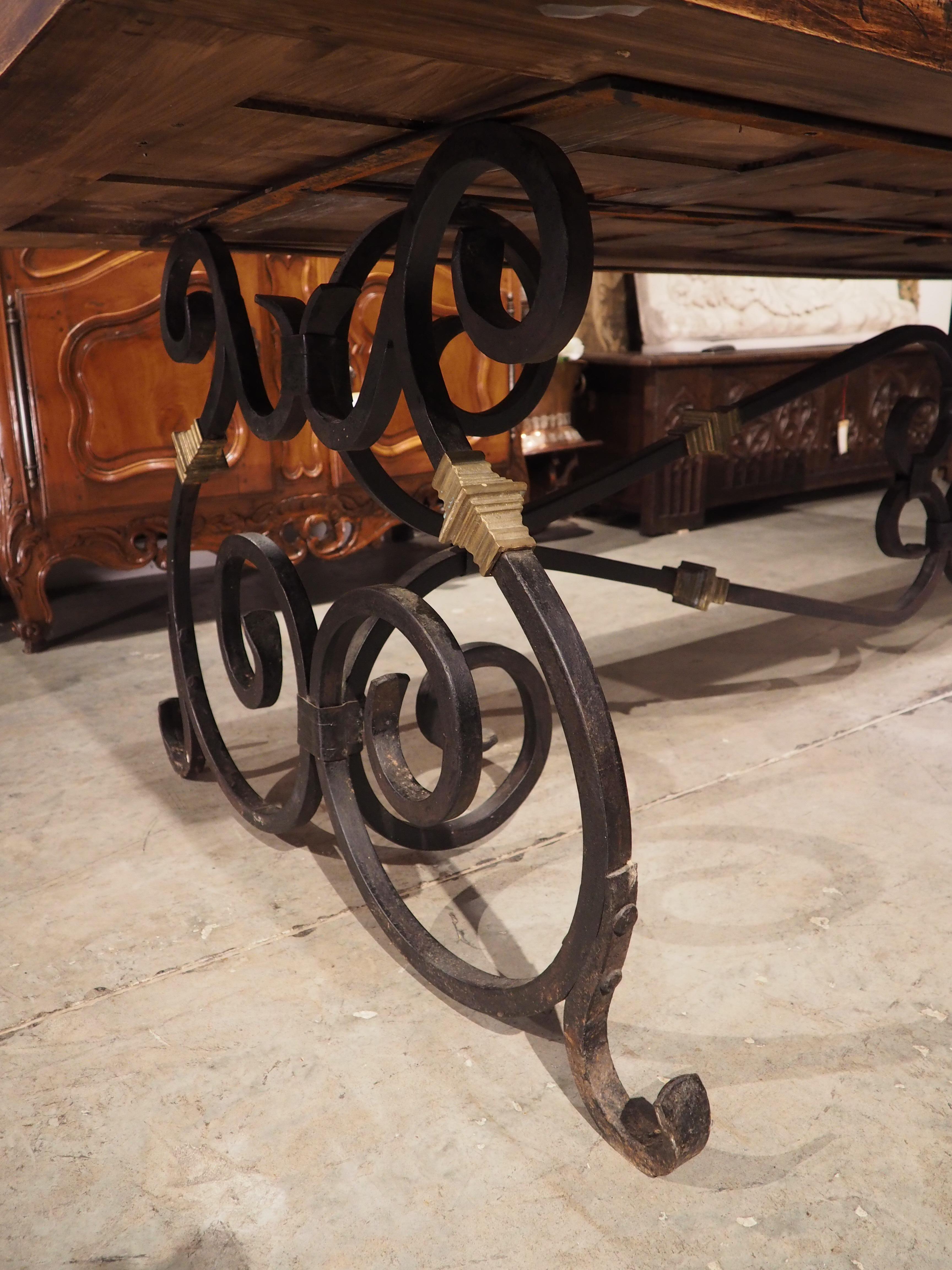 French Wrought Iron and Bronze Dining Table with Pegged Parquet Top, Circa 1940s 9