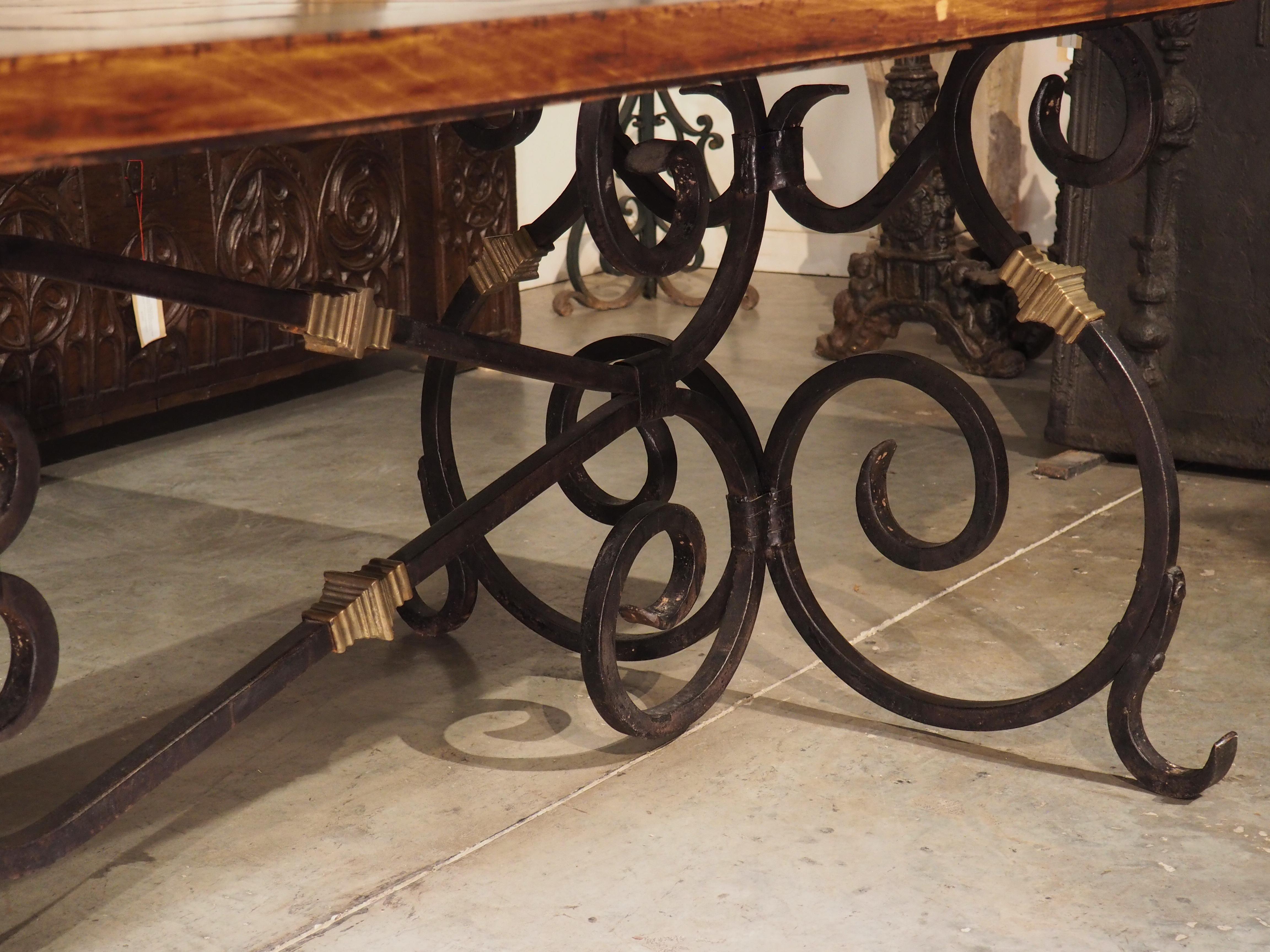 French Wrought Iron and Bronze Dining Table with Pegged Parquet Top, Circa 1940s 11