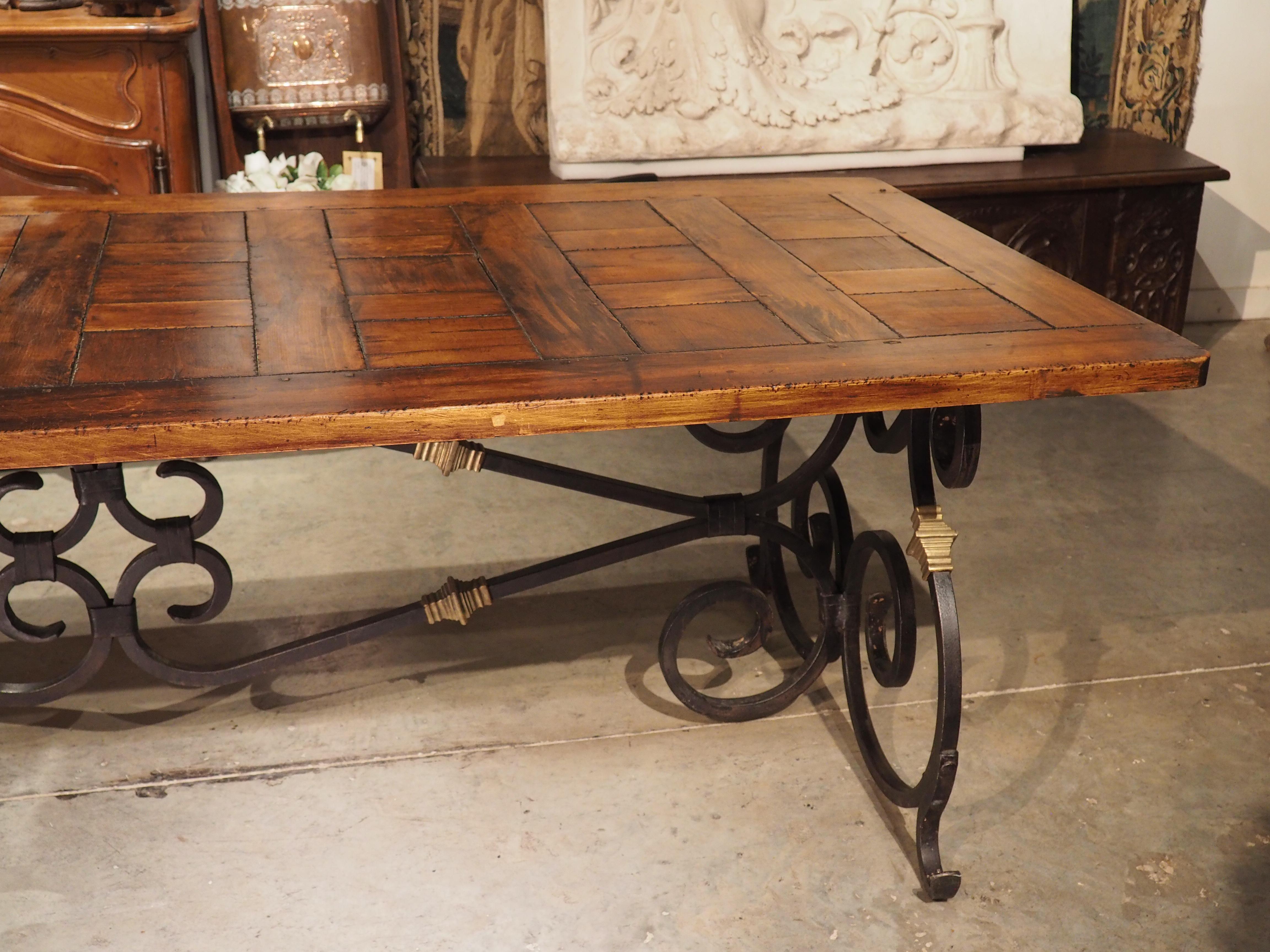 French Wrought Iron and Bronze Dining Table with Pegged Parquet Top, Circa 1940s 12