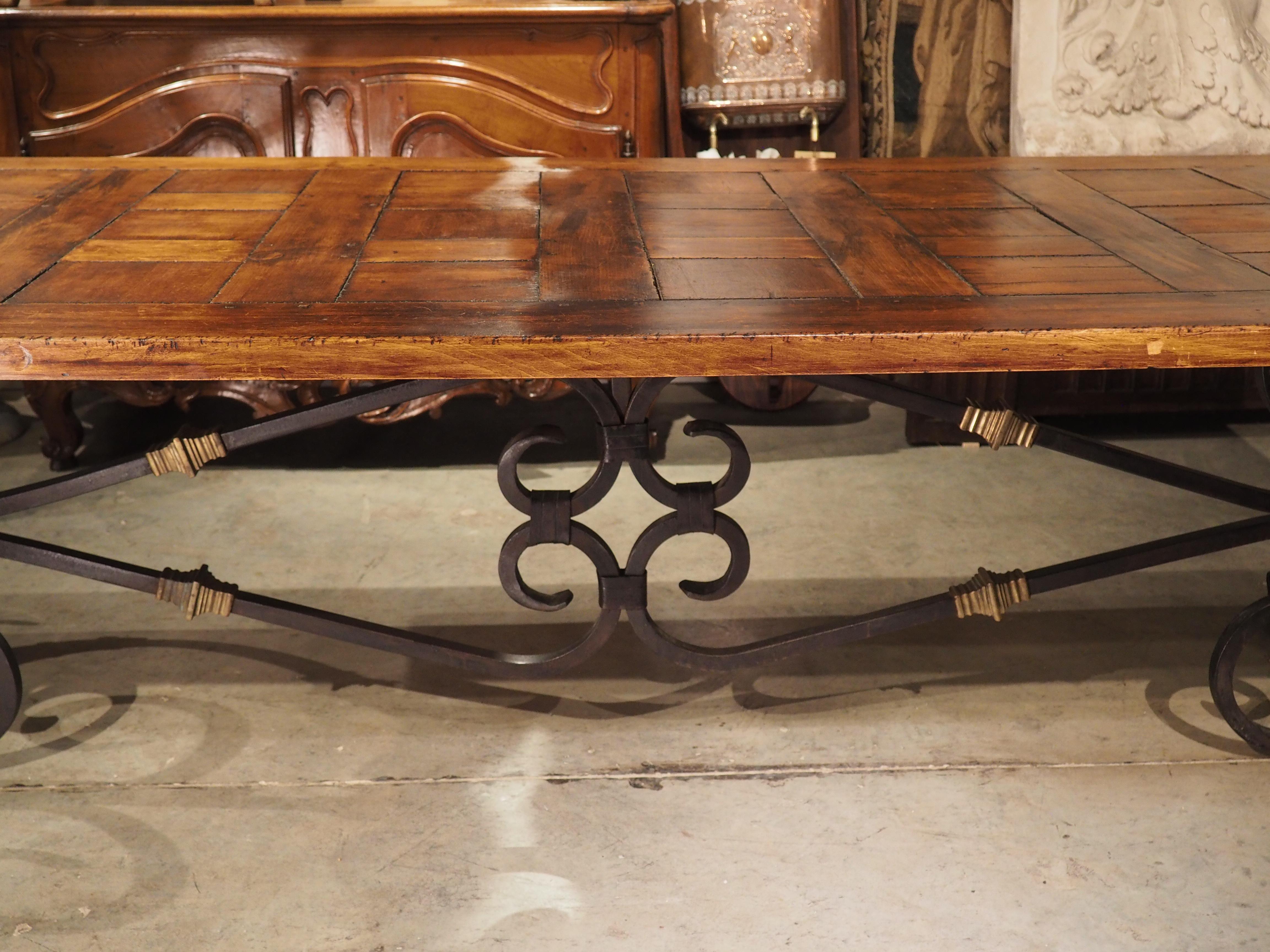 French Wrought Iron and Bronze Dining Table with Pegged Parquet Top, Circa 1940s 13