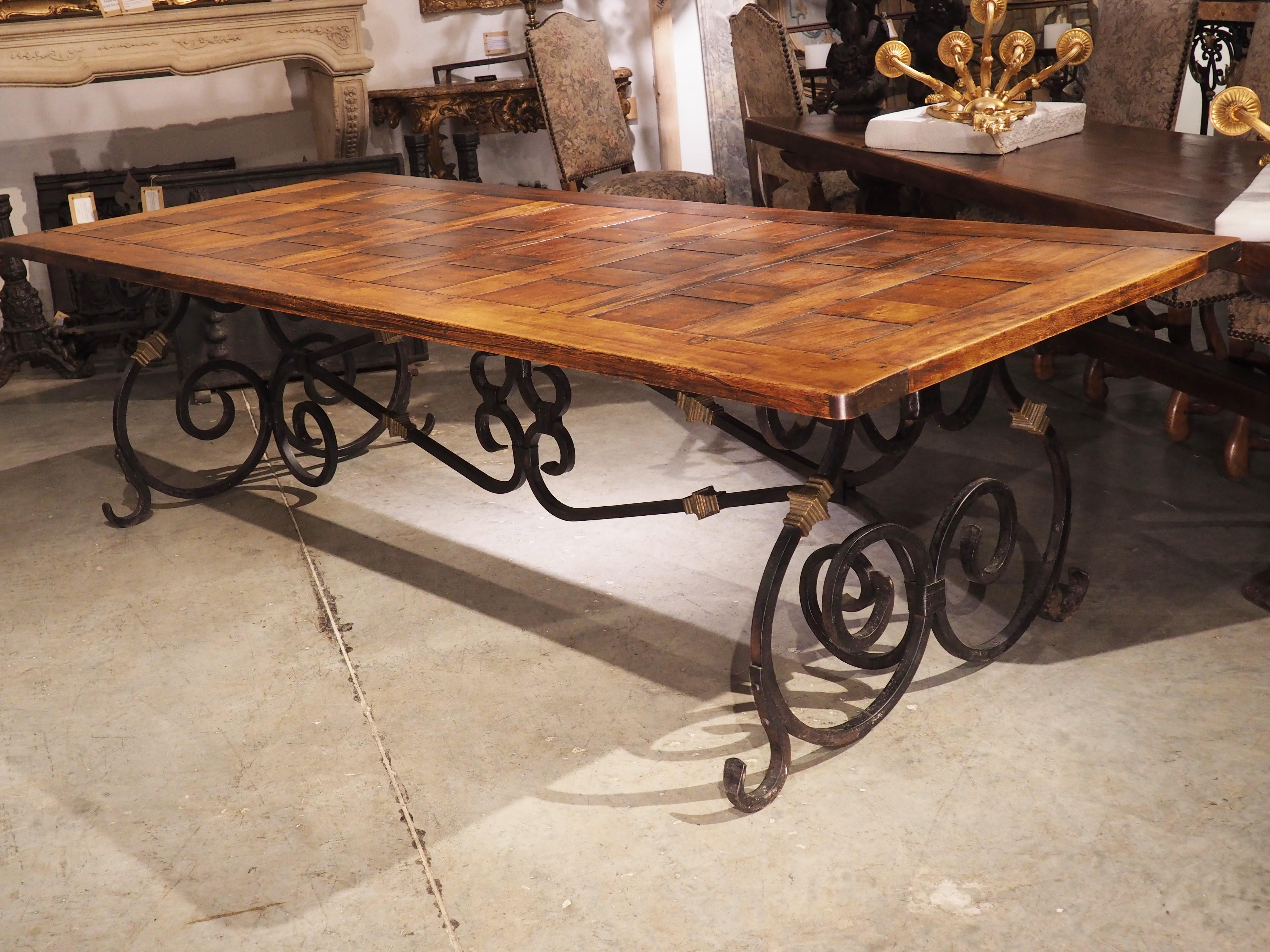 French Wrought Iron and Bronze Dining Table with Pegged Parquet Top, Circa 1940s 15