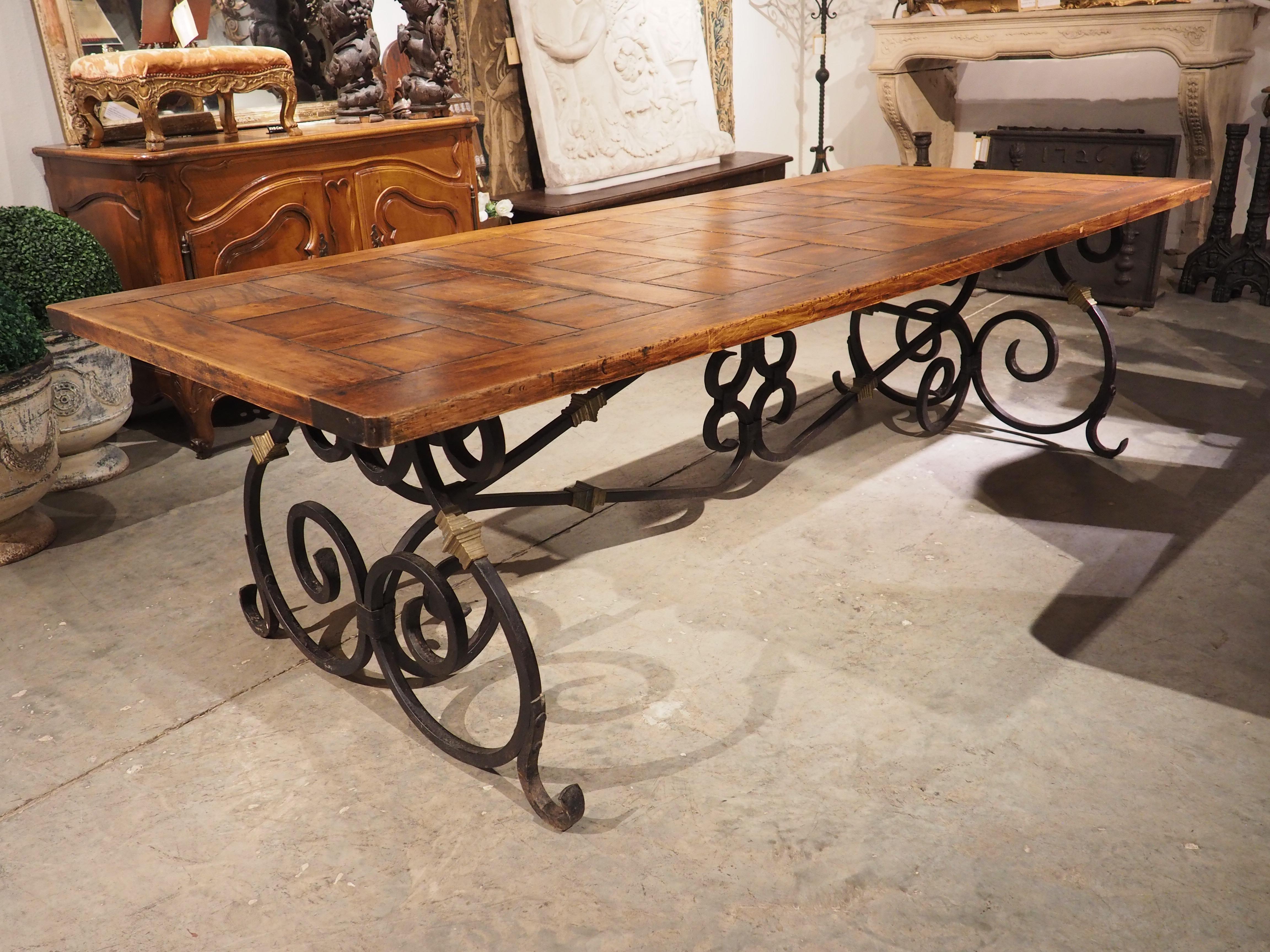 Hand-Carved French Wrought Iron and Bronze Dining Table with Pegged Parquet Top, Circa 1940s