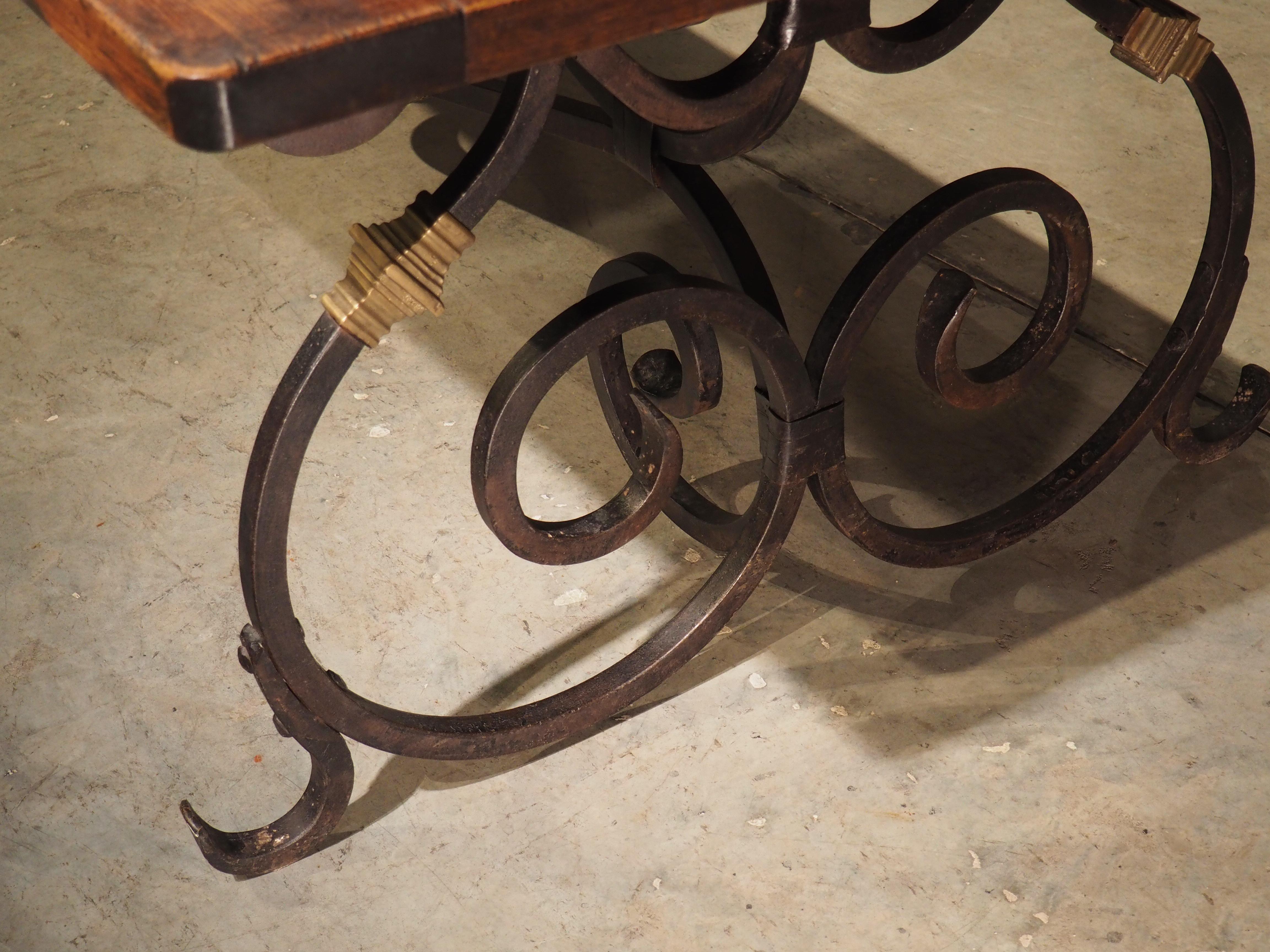 French Wrought Iron and Bronze Dining Table with Pegged Parquet Top, Circa 1940s In Good Condition In Dallas, TX