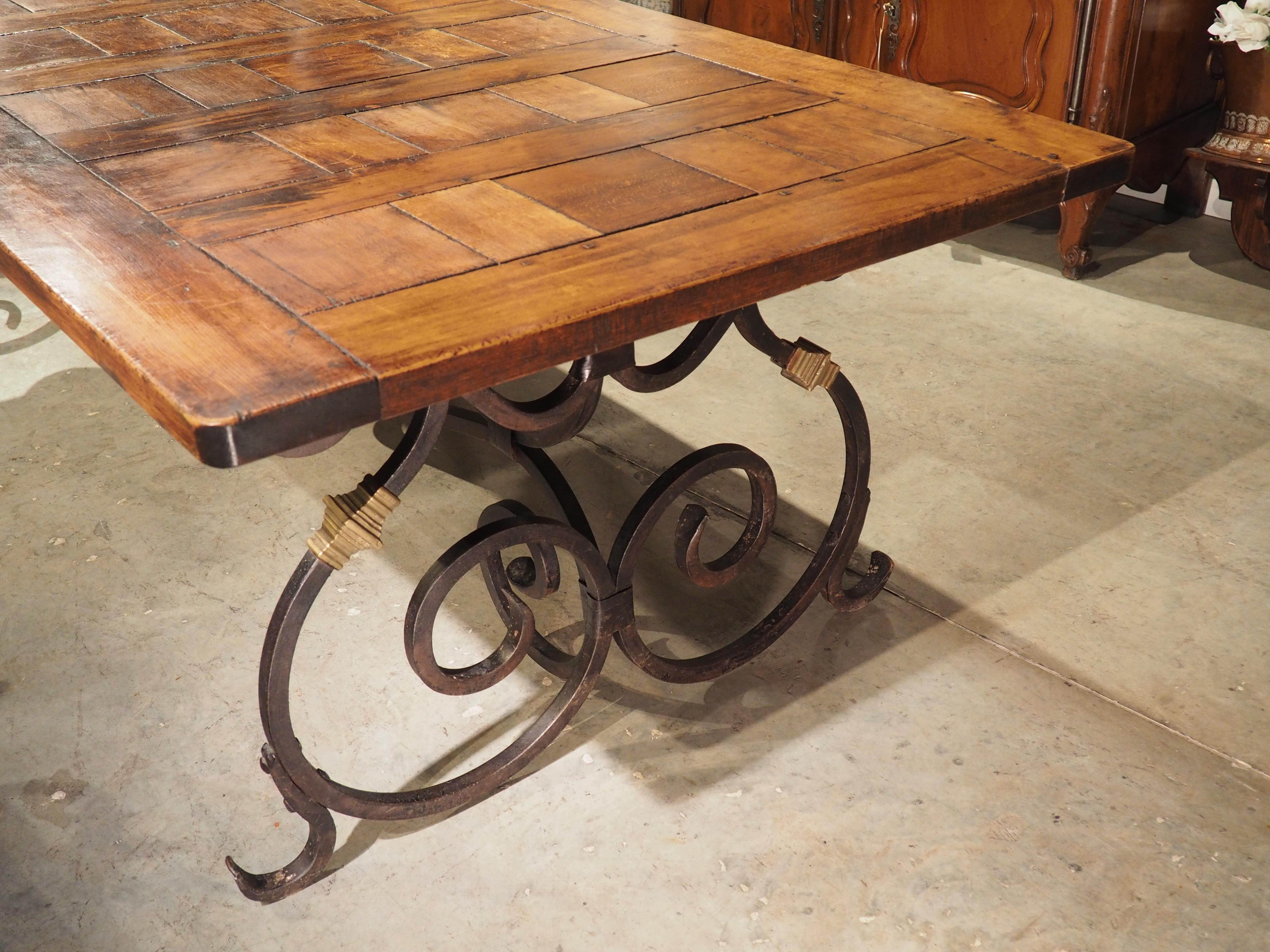 Mid-20th Century French Wrought Iron and Bronze Dining Table with Pegged Parquet Top, Circa 1940s