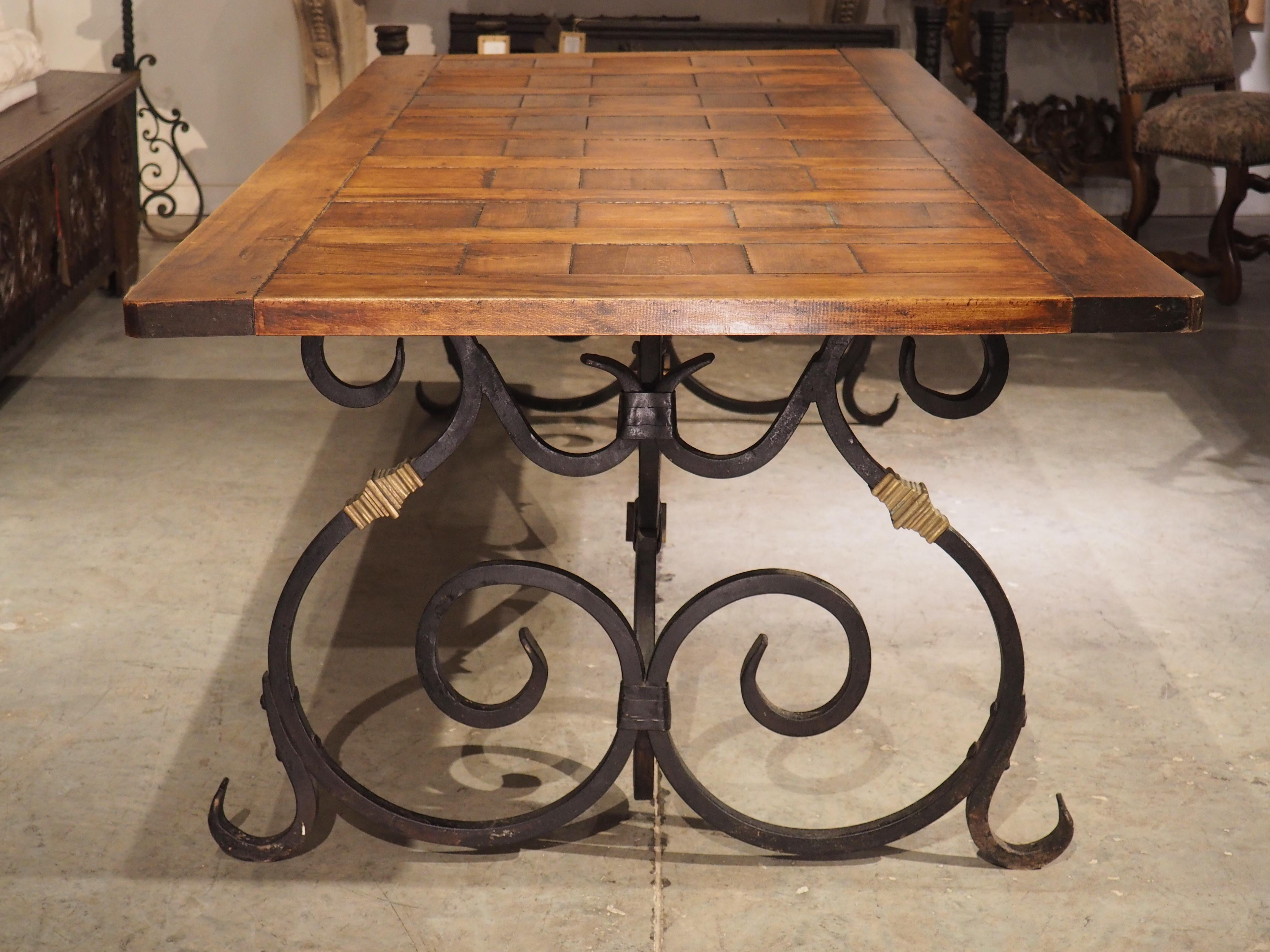 French Wrought Iron and Bronze Dining Table with Pegged Parquet Top, Circa 1940s 1