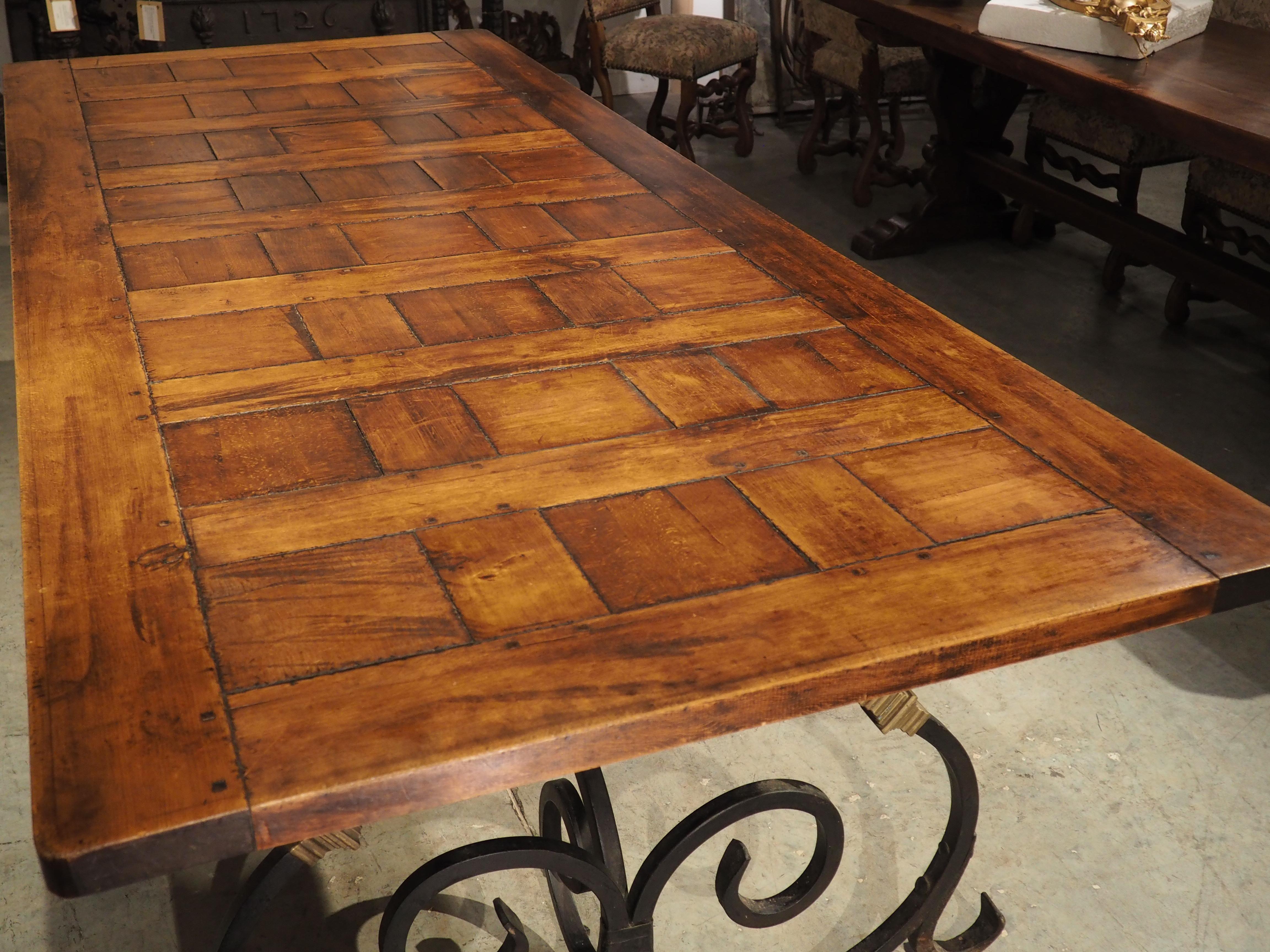 French Wrought Iron and Bronze Dining Table with Pegged Parquet Top, Circa 1940s 4