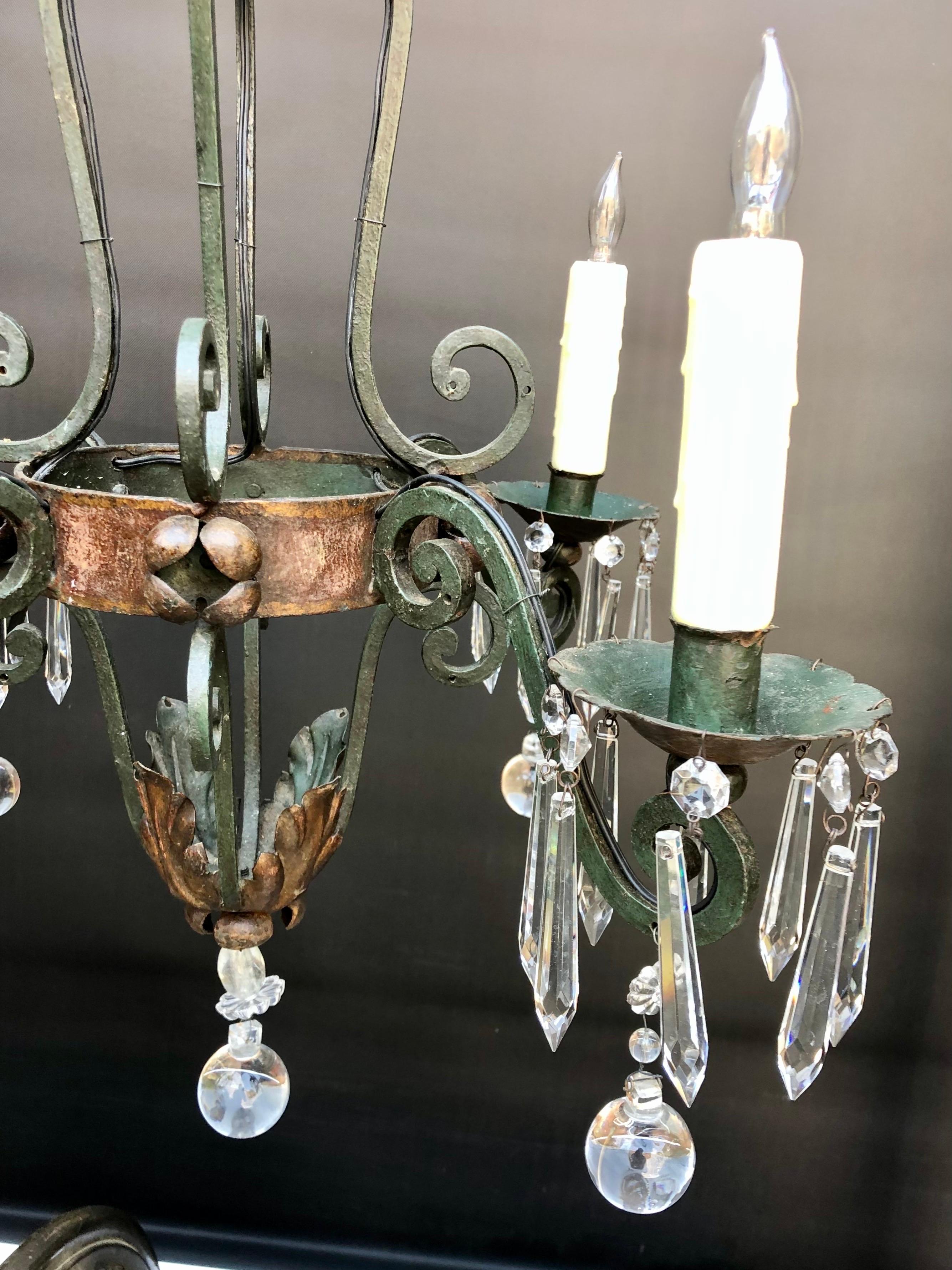 Painted French Wrought Iron and Crystal Chandelier, Circa 1900