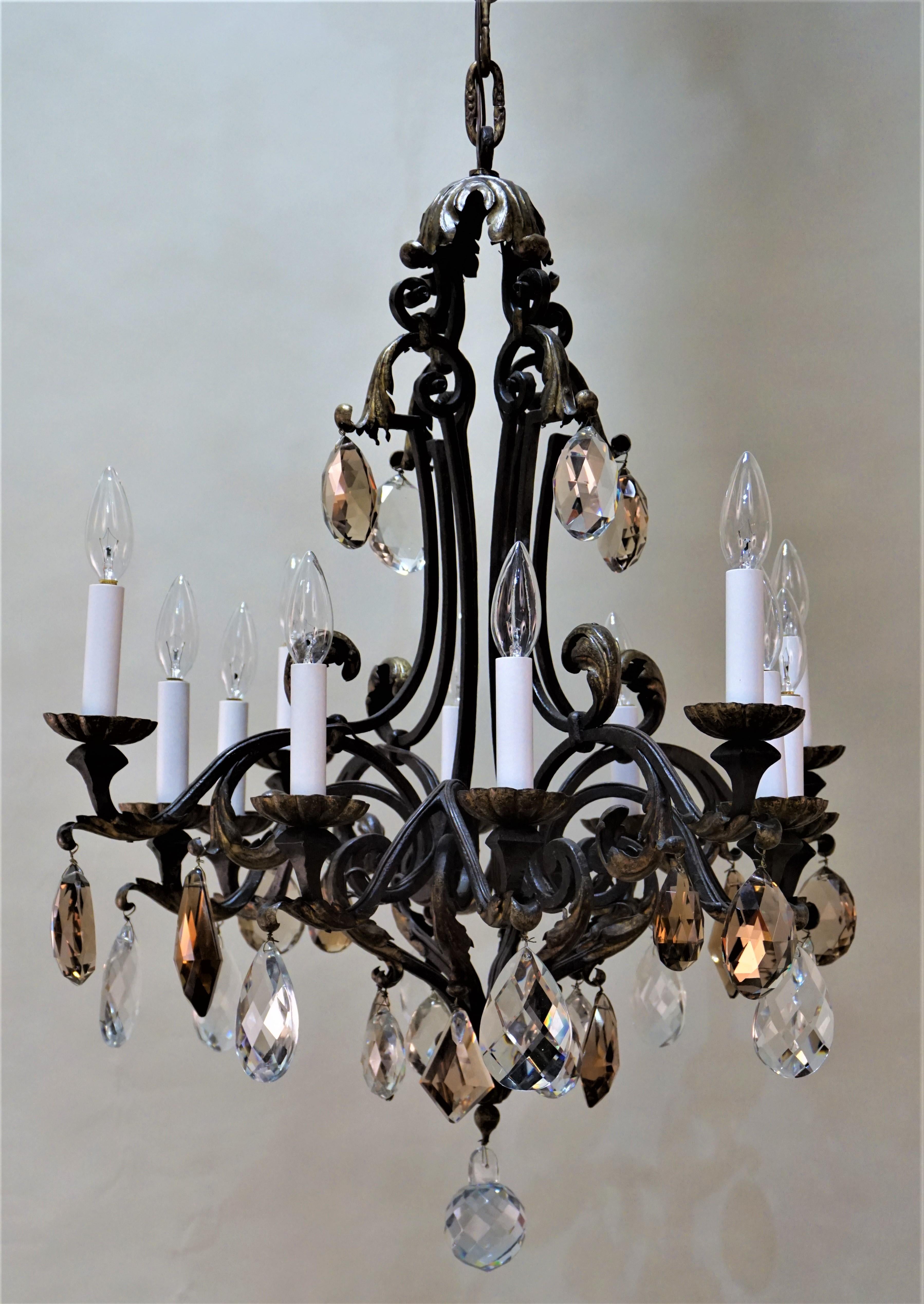French Wrought Iron and Crystal Chandelier 1