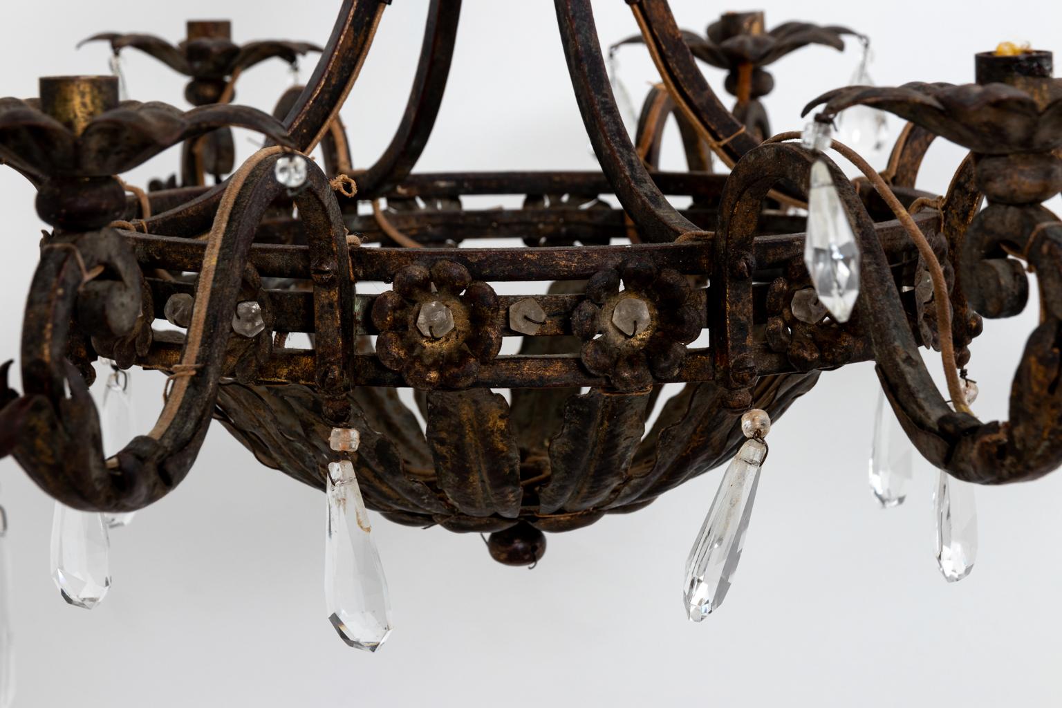 French Wrought Iron and Crystal Chandelier 1
