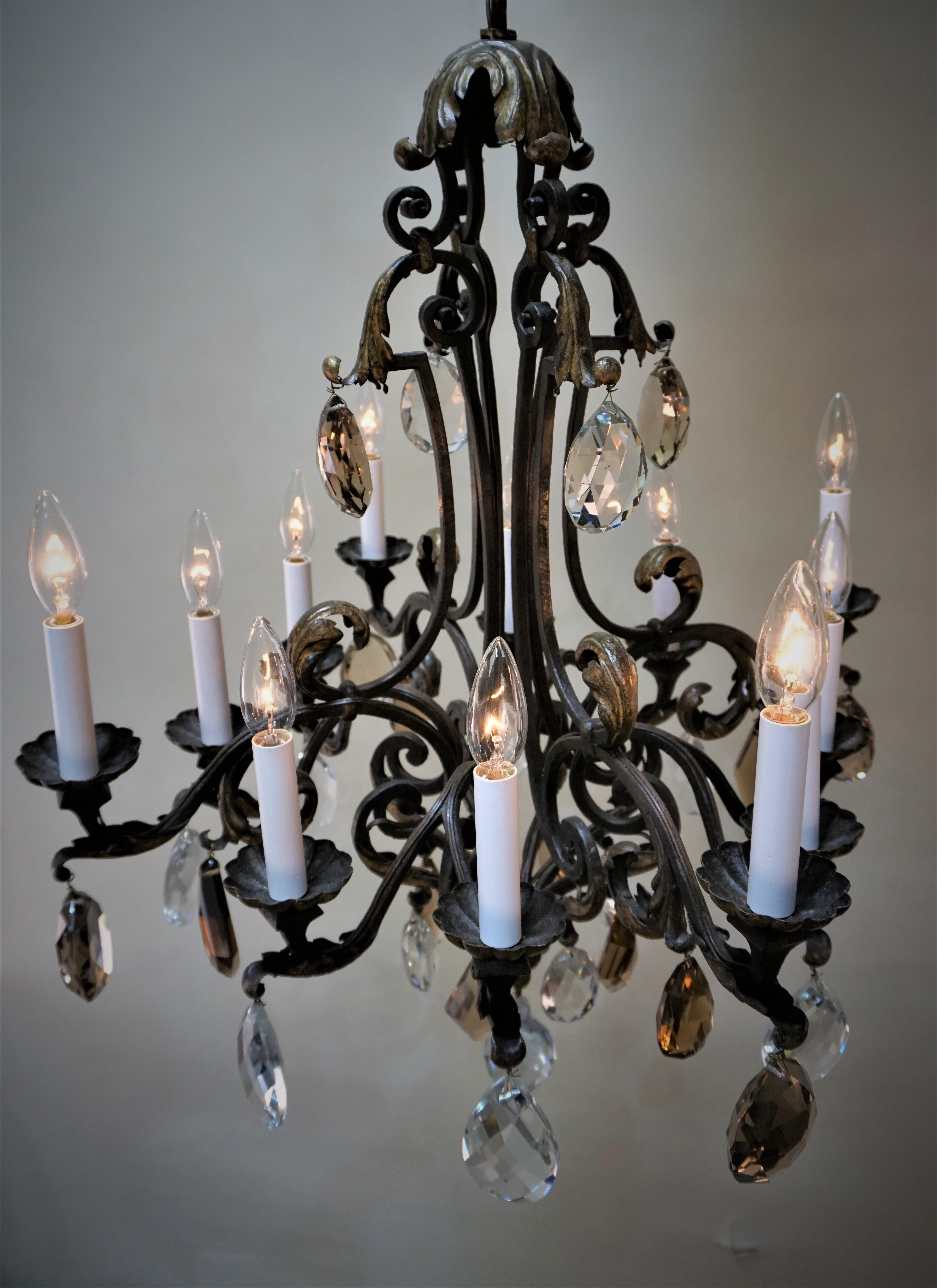 Gilt French Wrought Iron and Crystal Chandelier