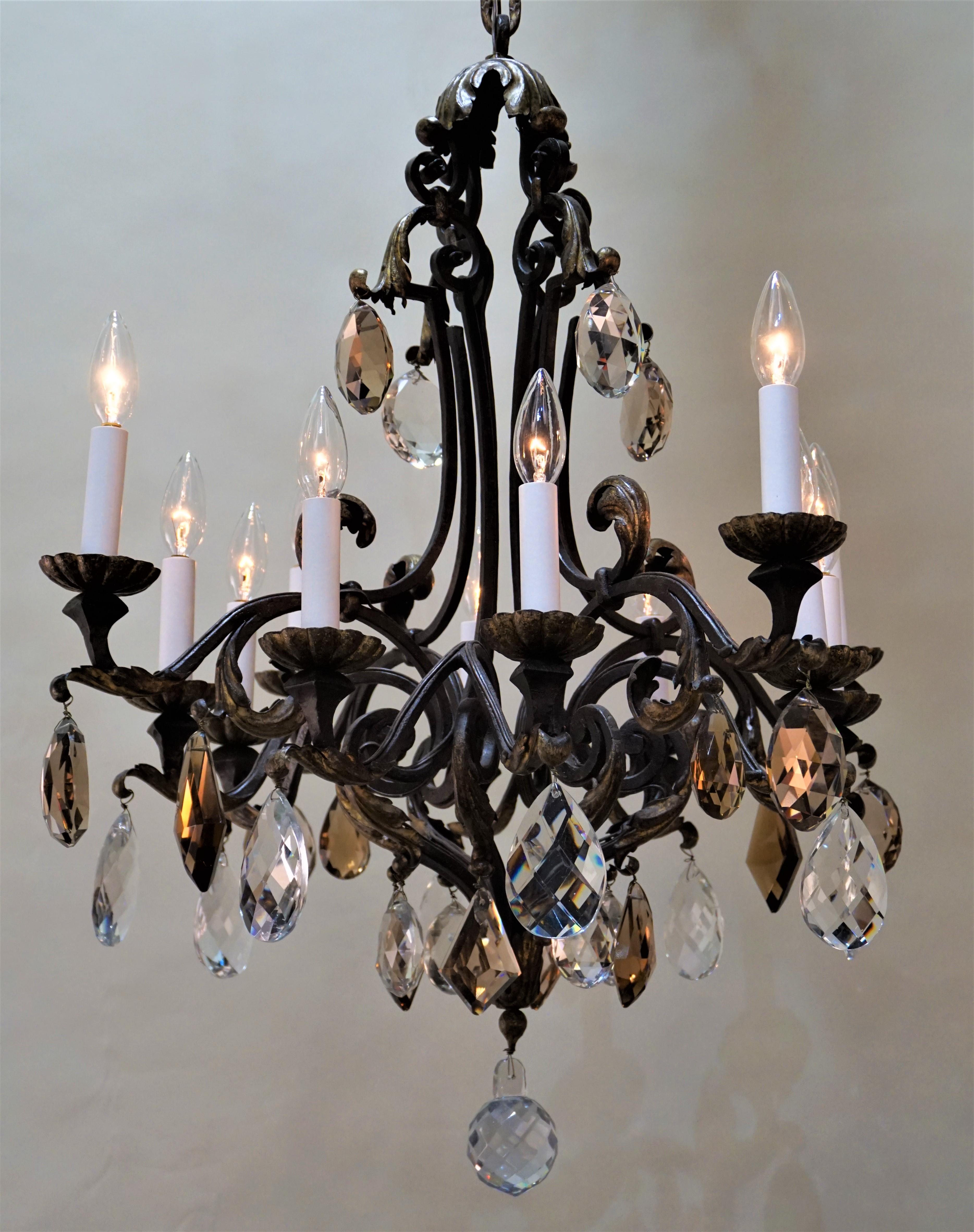 French Wrought Iron and Crystal Chandelier In Good Condition In Fairfax, VA