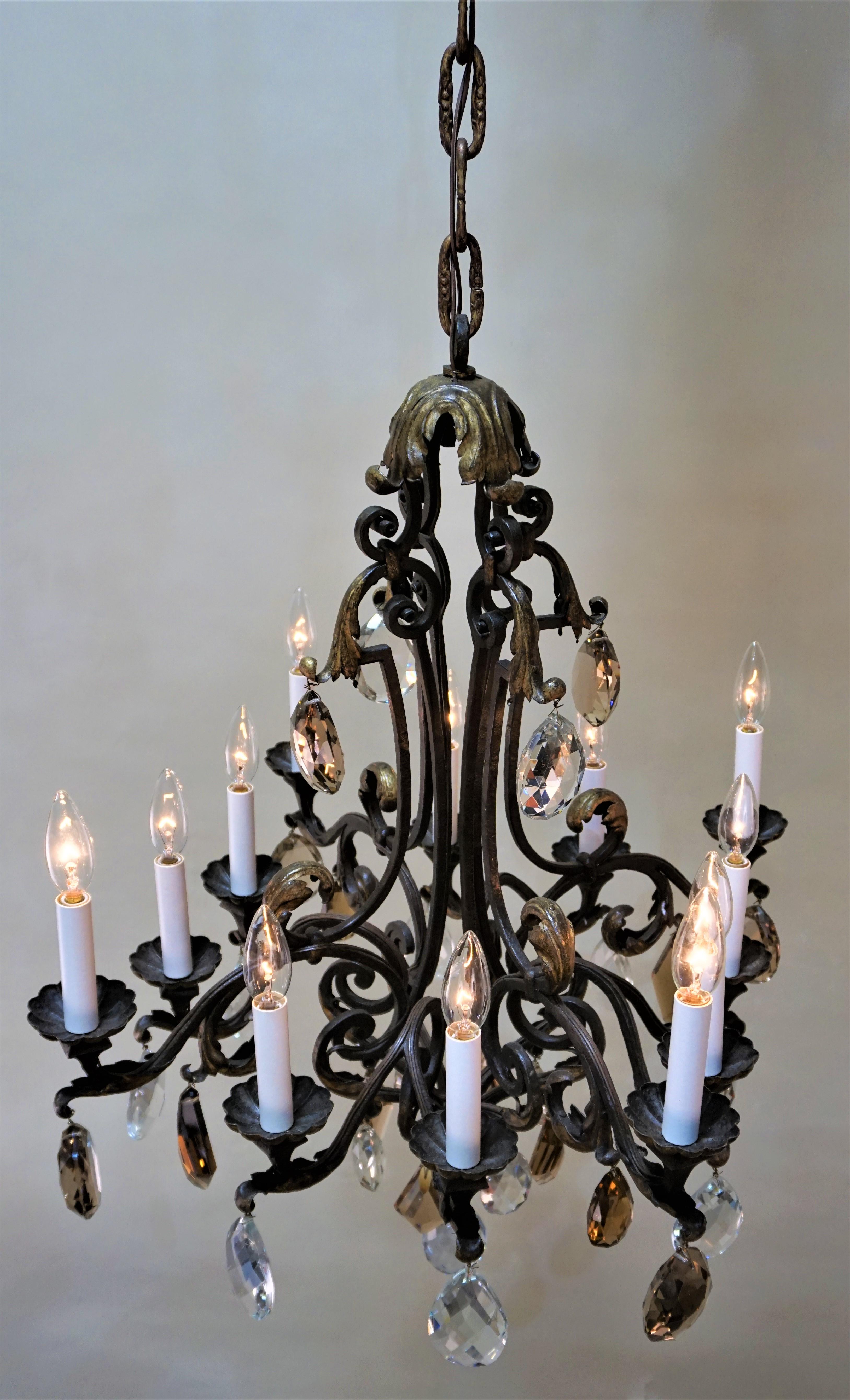 Early 20th Century French Wrought Iron and Crystal Chandelier