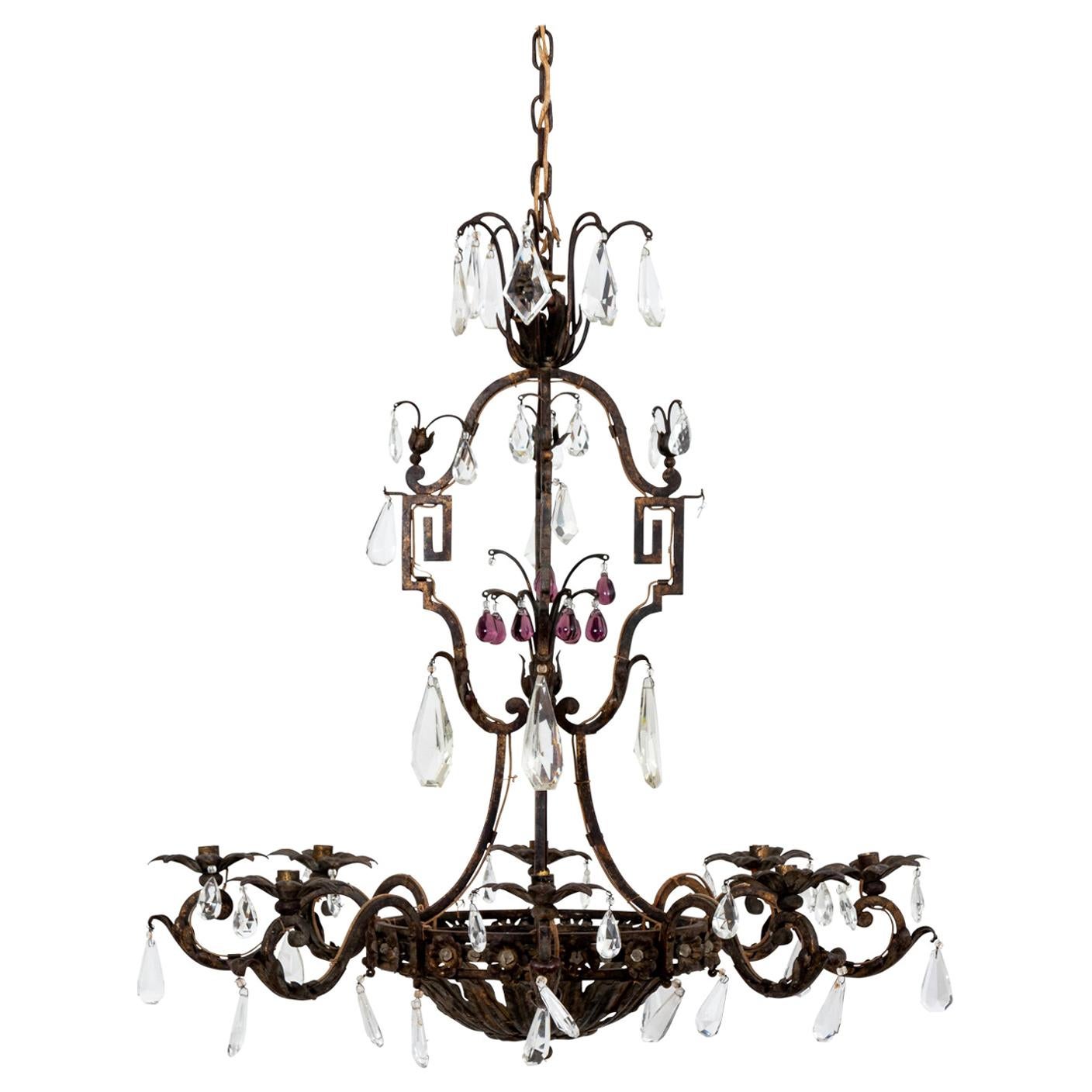 French Wrought Iron and Crystal Chandelier