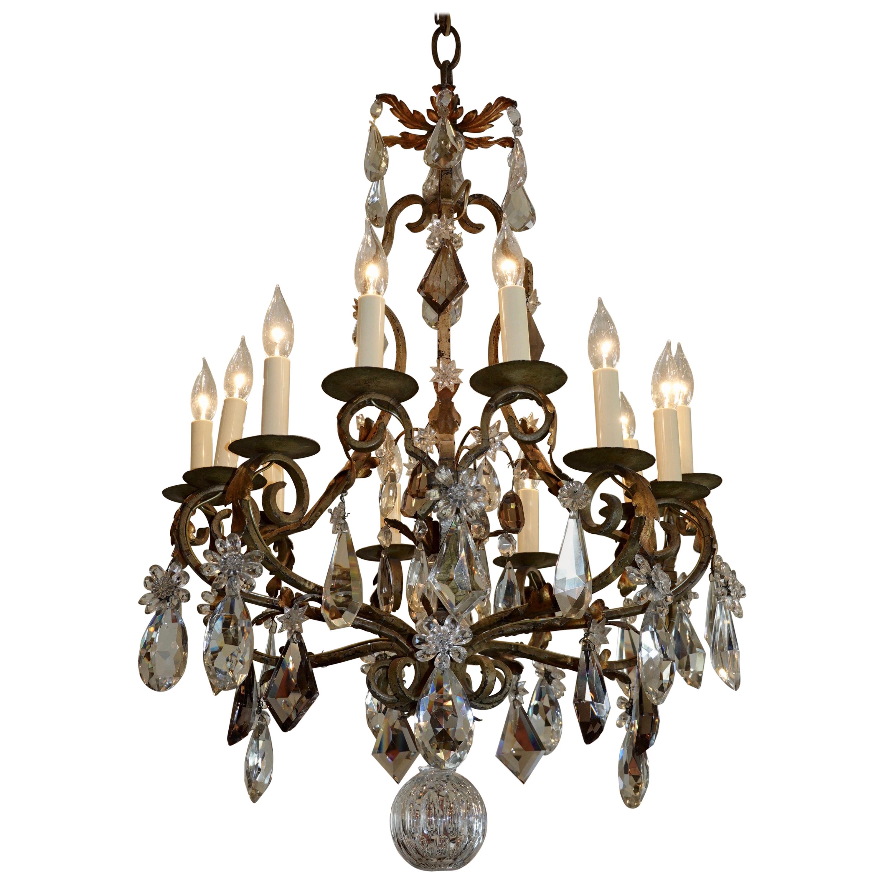 French Wrought Iron and Crystal Chandelier with 12-Light For Sale