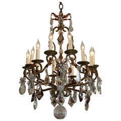 French Wrought Iron and Crystal Chandelier with 12-Light