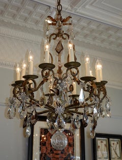 French Wrought Iron and Crystal Chandelier with 12-Light