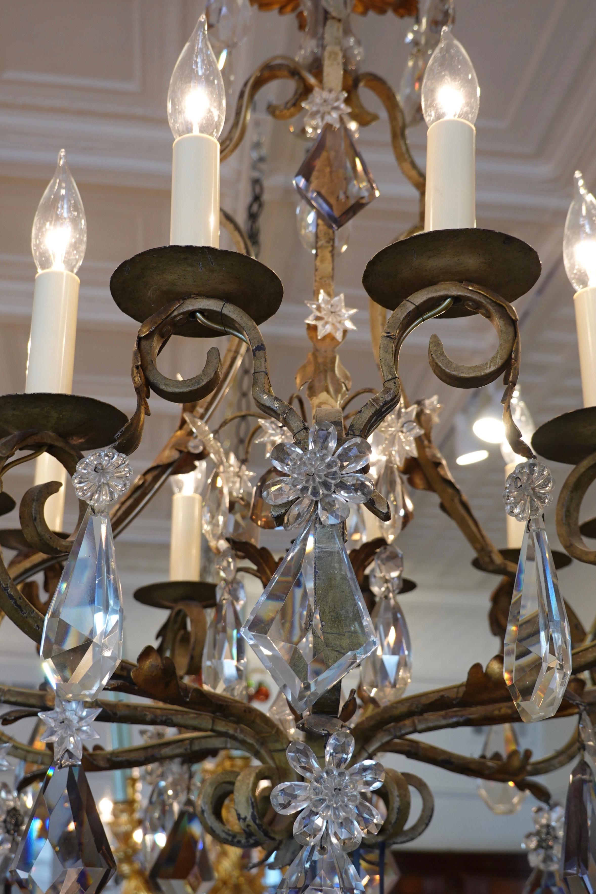 Gilt French Wrought Iron and Crystal Chandelier with 12-Light For Sale