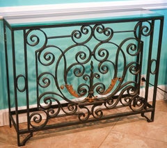 French, Wrought Iron and Gilt Glass Top Console Table with Scrolls and Leaf Work