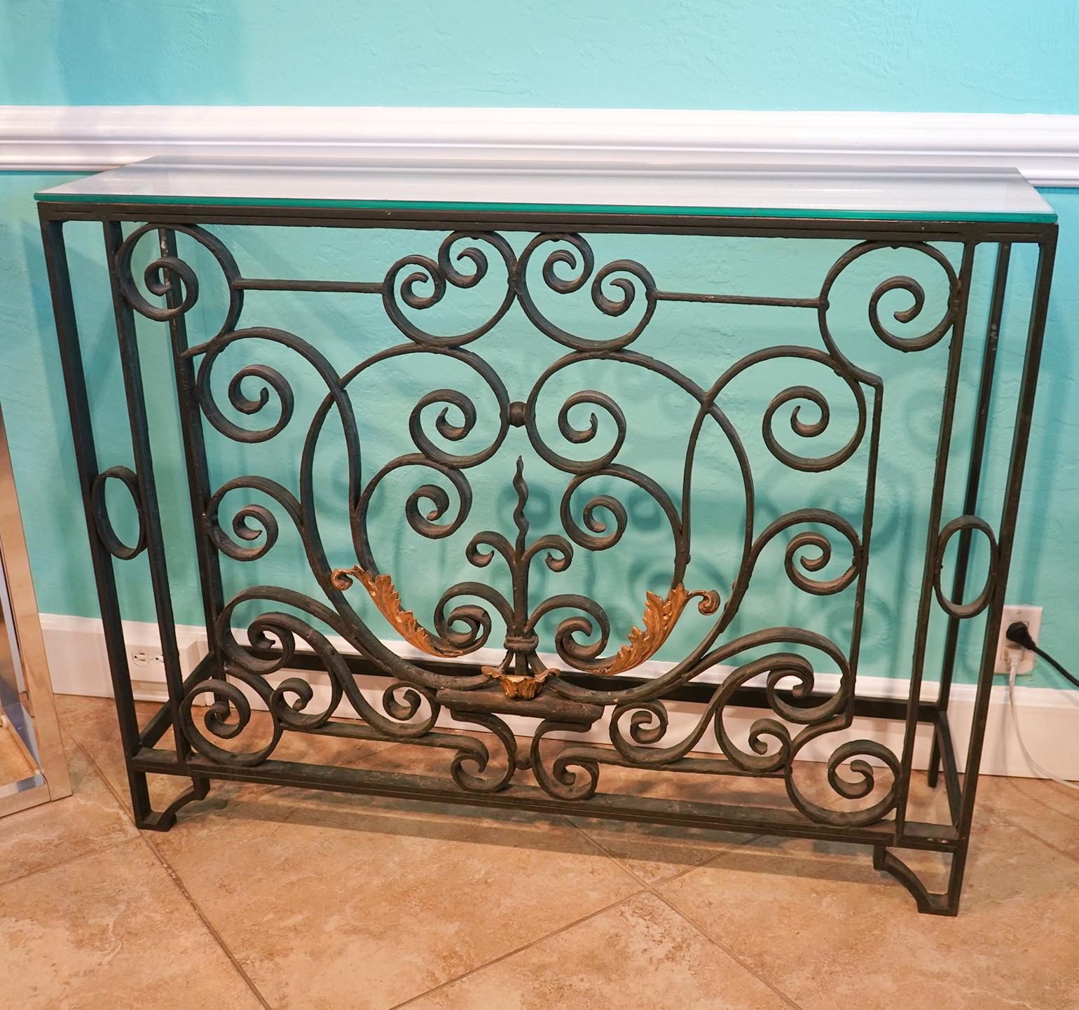 French, Wrought Iron and Gilt Glass Top Console Table with Scrolls and Leaf Work In Good Condition For Sale In Ft. Lauderdale, FL