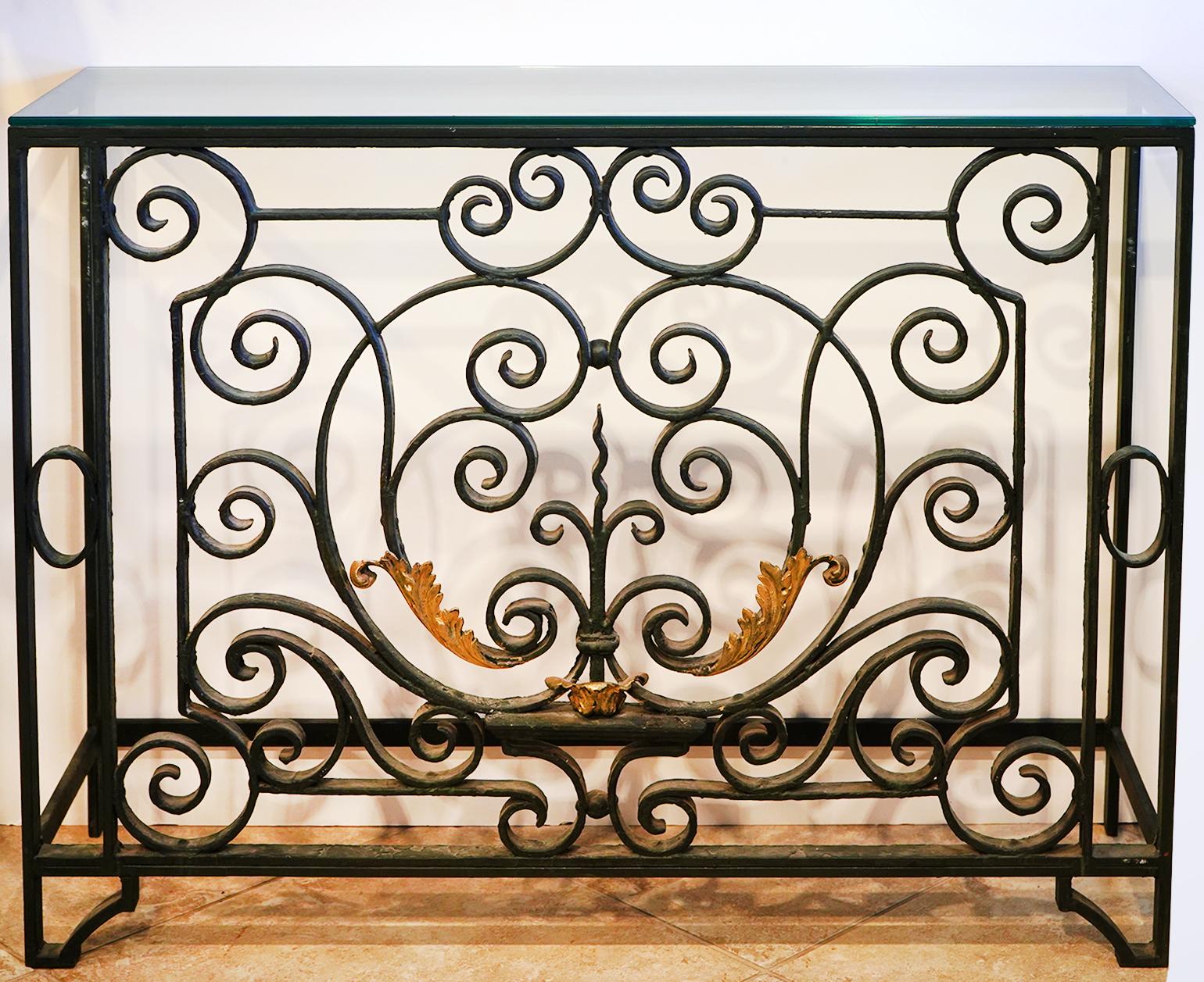 19th Century French, Wrought Iron and Gilt Glass Top Console Table with Scrolls and Leaf Work For Sale
