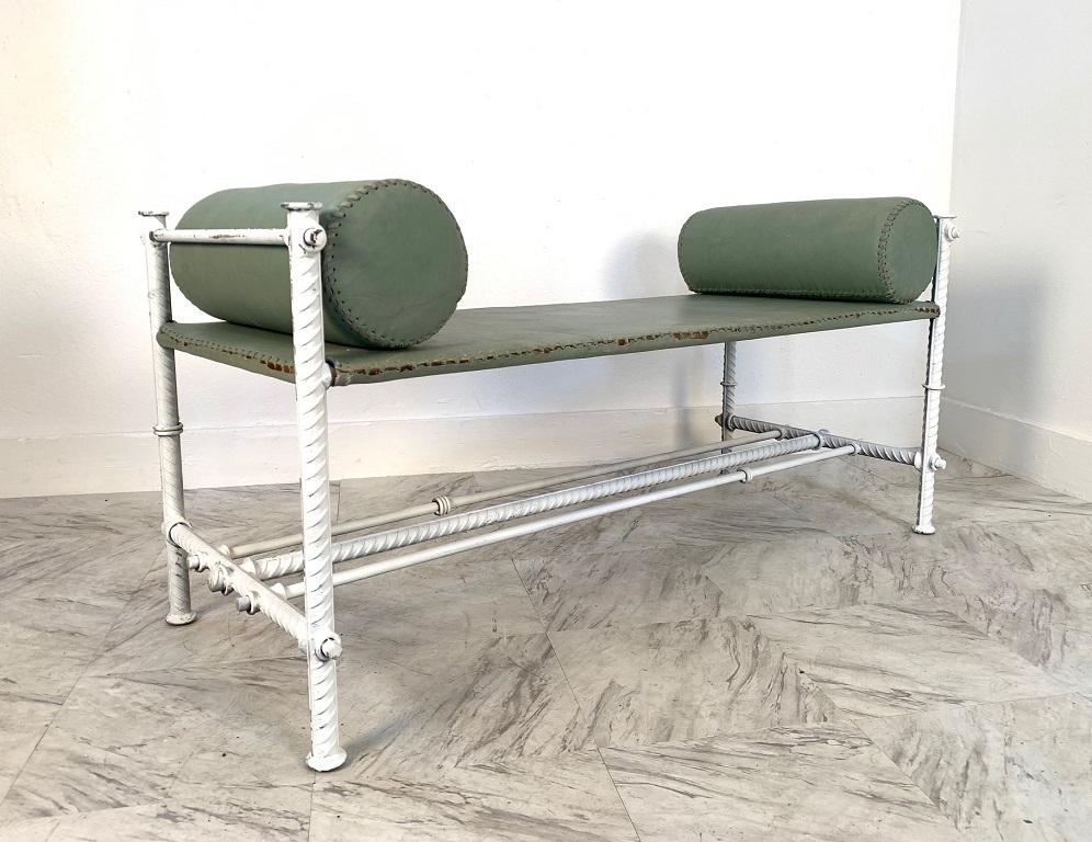 Mid-Century Modern French Wrought Iron and Leather Bench For Sale