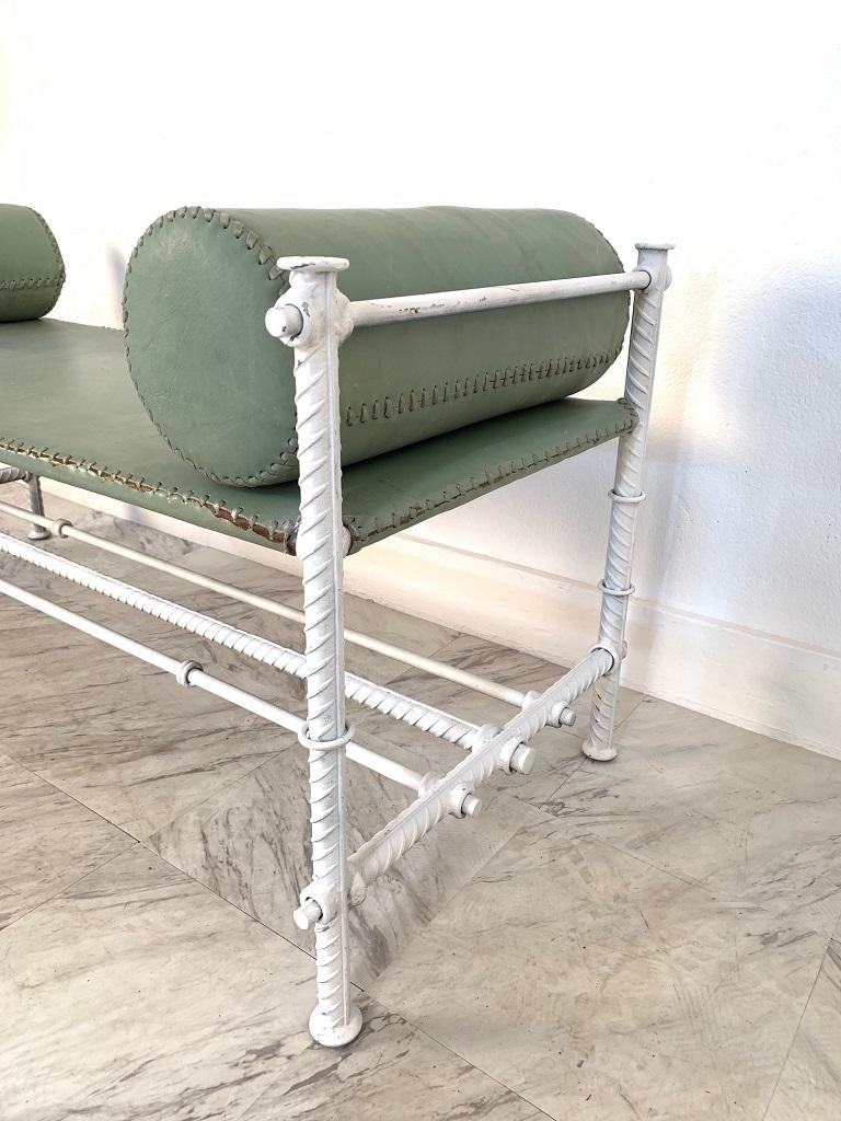 Mid-20th Century French Wrought Iron and Leather Bench For Sale