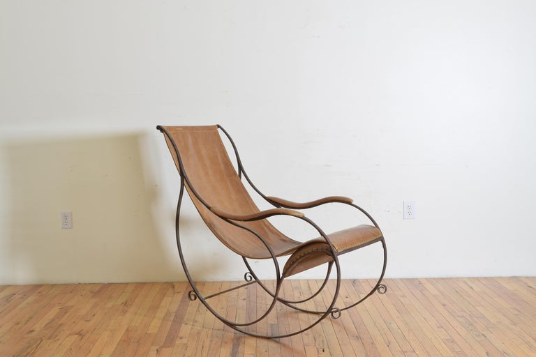 French Wrought Iron and Leather Upholstered Rocking Chair at 1stDibs