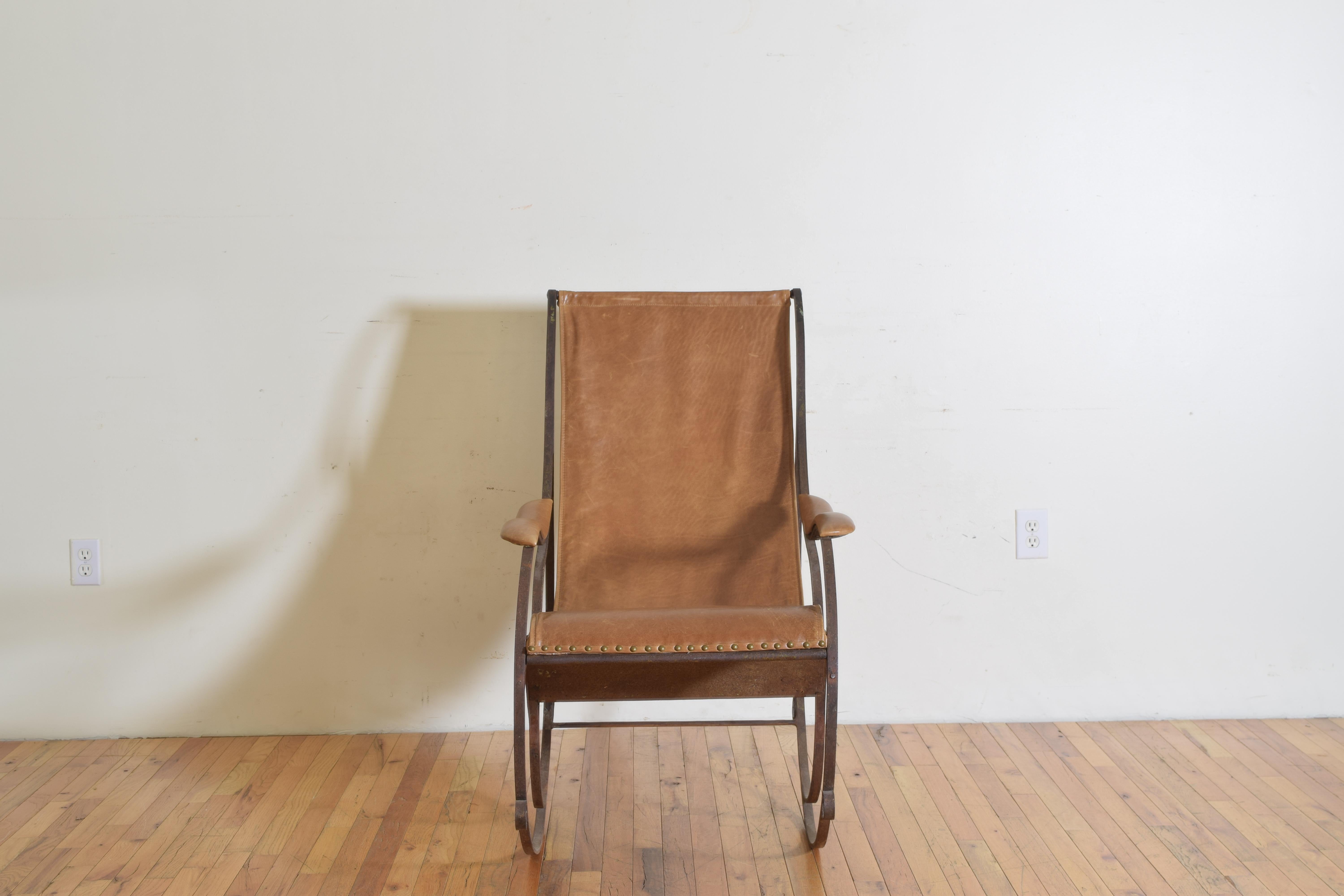 Late 19th Century French Wrought Iron and Leather Upholstered Rocking Chair