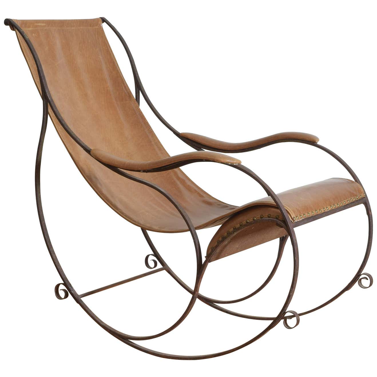 French Wrought Iron and Leather Upholstered Rocking Chair at 1stDibs