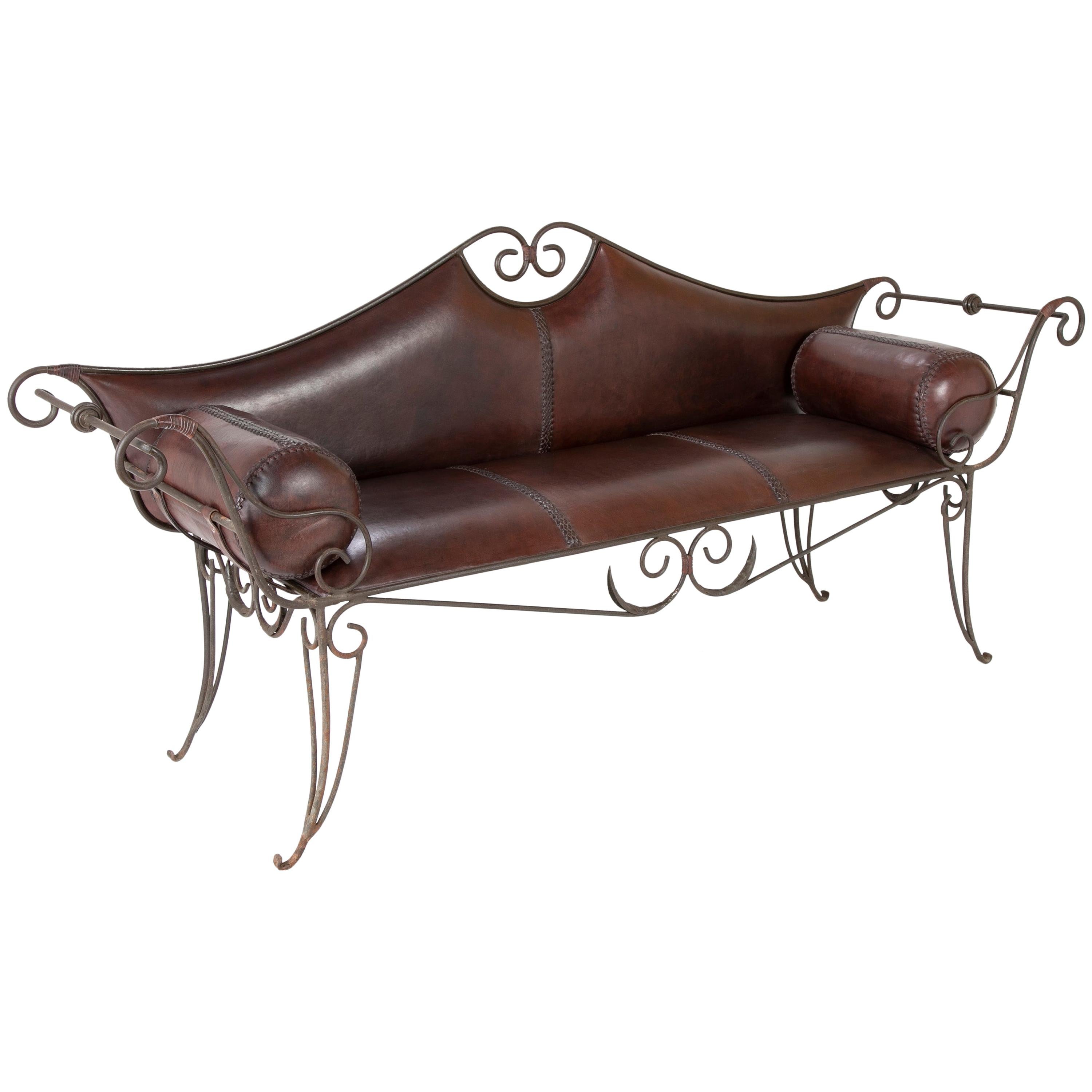 French Wrought Iron and Leather Upholstered Sofa For Sale